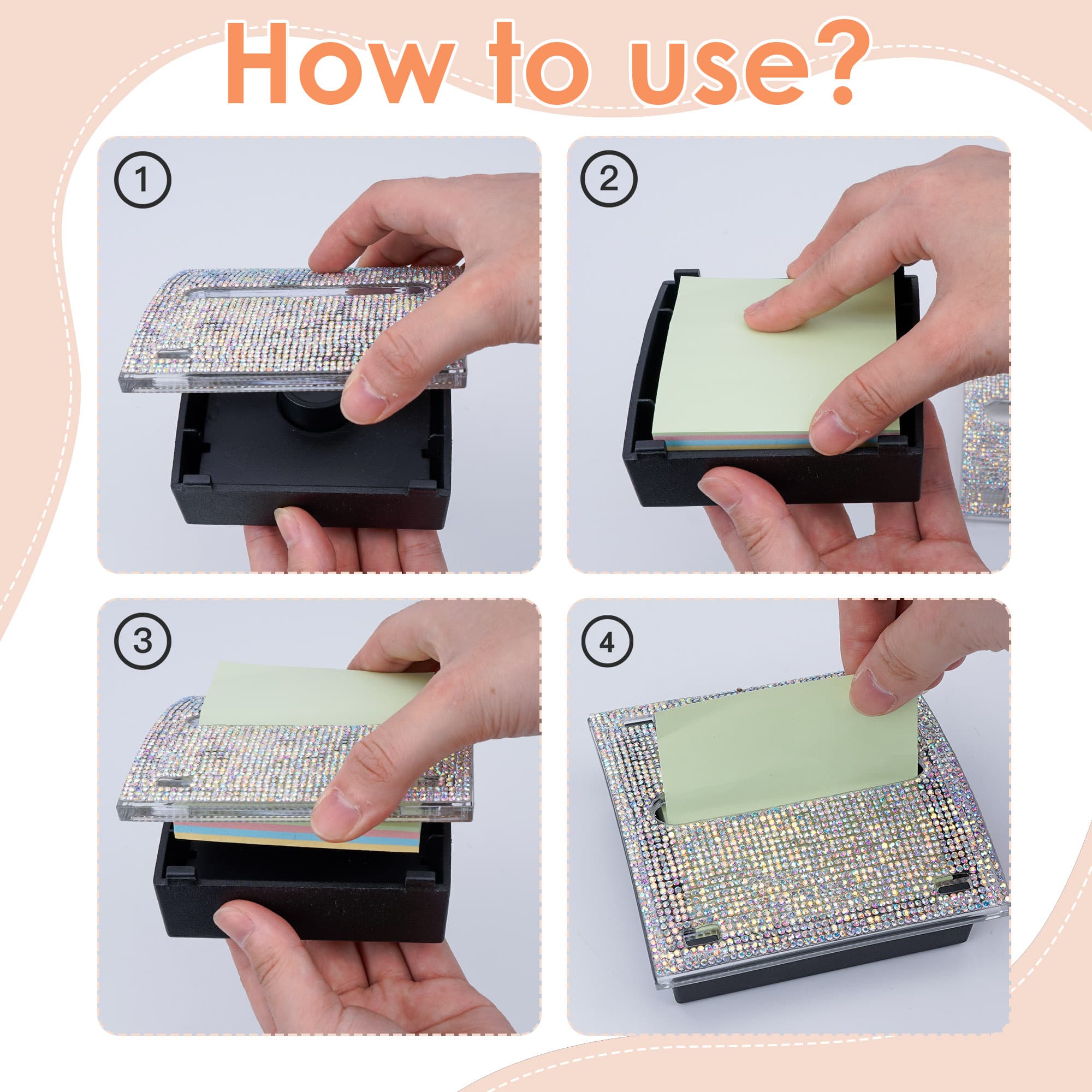 JANKOW 1 Pcs Rhinestone Self Stick Note Pad Holders, Pop Up Sticky Note Dispenser Rhinestone, 3 x 3 inches, for Office Home Classroom Desk Supplies (AB Rhinestone) - 2