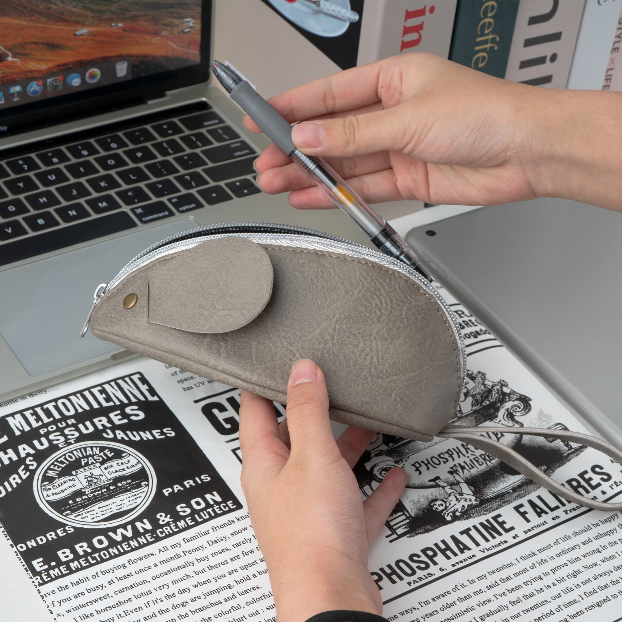 JANKINGS Custom Mouse Pencil Case, PU Leather Zipper Pen Pouch with Wrist Strap Tail, Gray, 1-Pack - 4