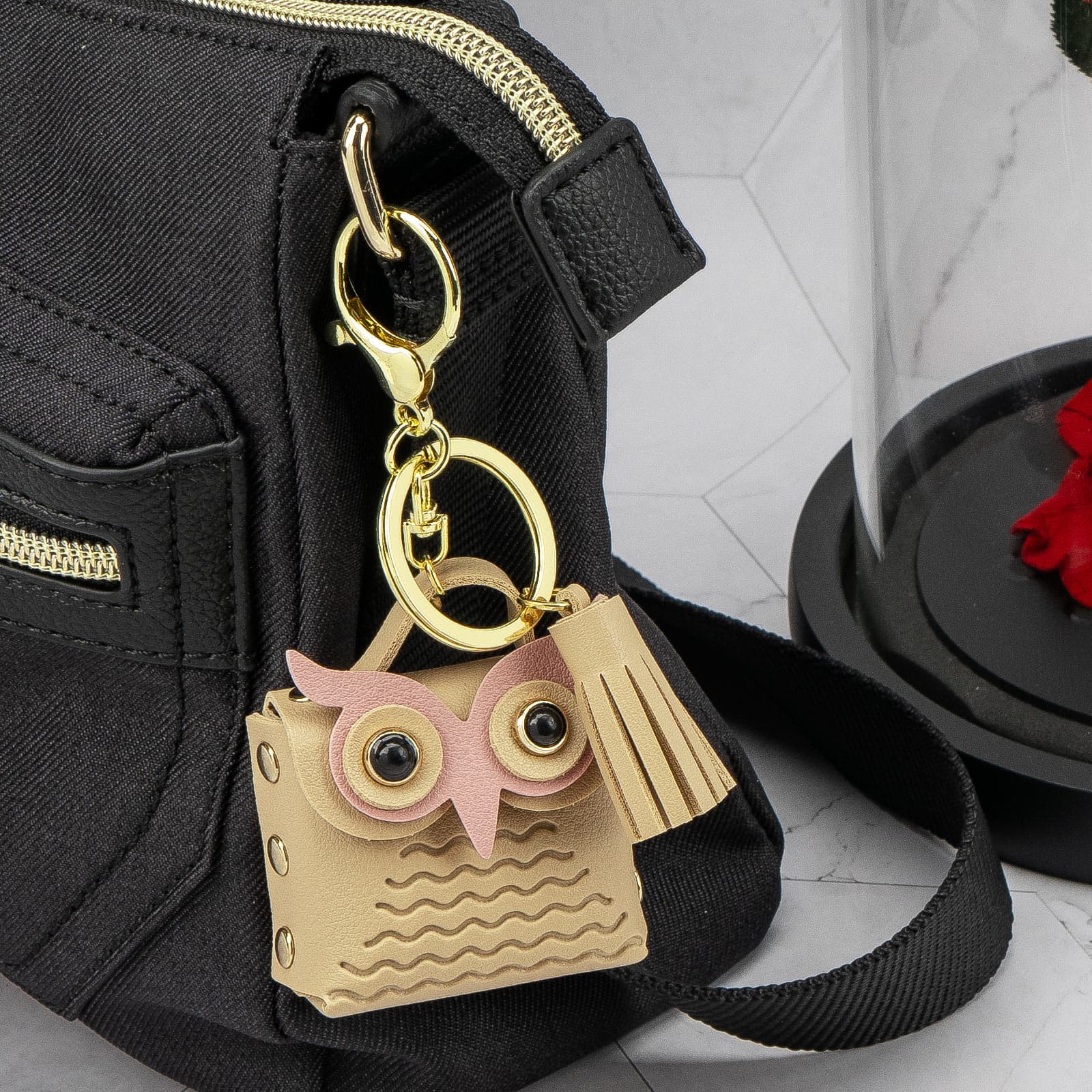 CAIRIAC Mini Coin Purse Keychain Cute Owl Backpack Change Wallet Bags Jewelry Pouch with Keyring for Women Storage Coins, Wireless Earbuds, Rings, Earrings (Khaki) - 2