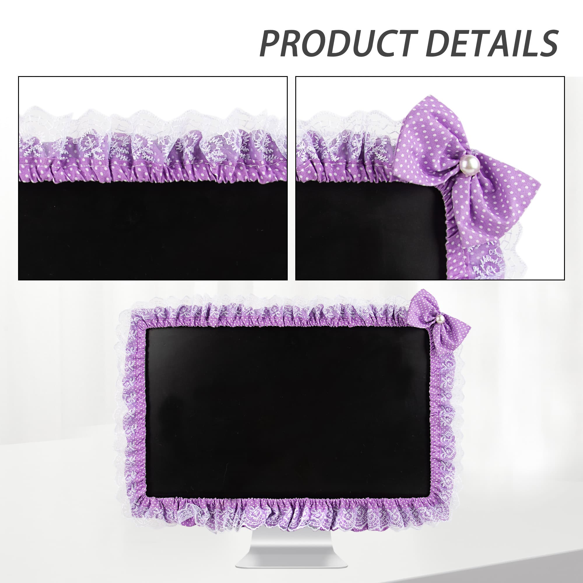 Kingshion 23"-27" Lovely Cute Computer Monitor Cover with Lovely Cute Elastic Pen Pocket Bow-knot TV LCD Screen Monitor Decoration Dust Cover Protector, Lace Fabric, Purple - 2
