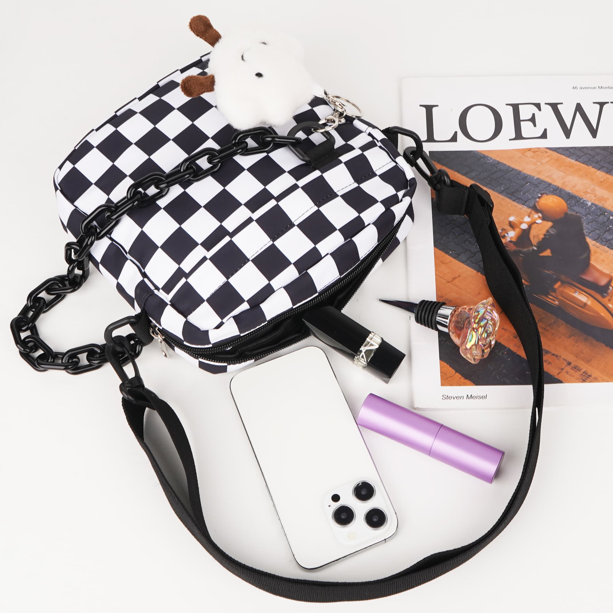 ReignSword Small Crossbody Messenger Bag for Women Men, Cute Nylon Shoulder Purse Bag with Detachable White Cloud Pendant, Checkered - 3