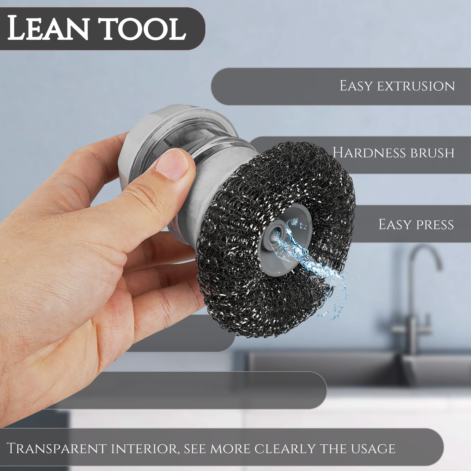 JANKOW Soap Dispensing Steel Wool Dish Brush, Palm Scrubber with Refillable Handle for Pots, Pans & Cast Iron, Grey, 1-Pack - 4