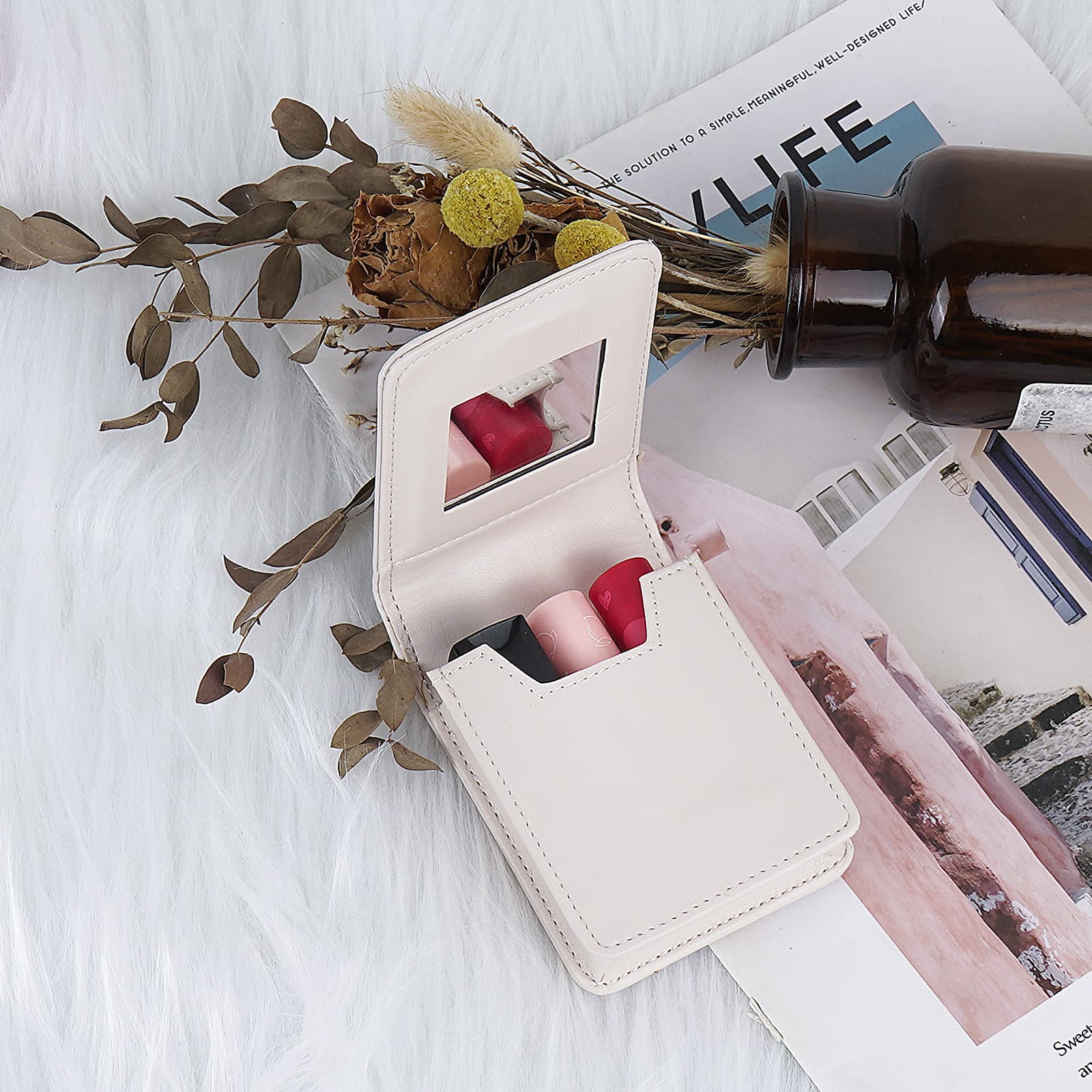 JANKOW Genuine Leather Mini Lipstick Case with Mirror, White Portable Lipstick Makeup Bag, Compact Travel Cosmetic Pouch for Purse, 1-Pack - 3