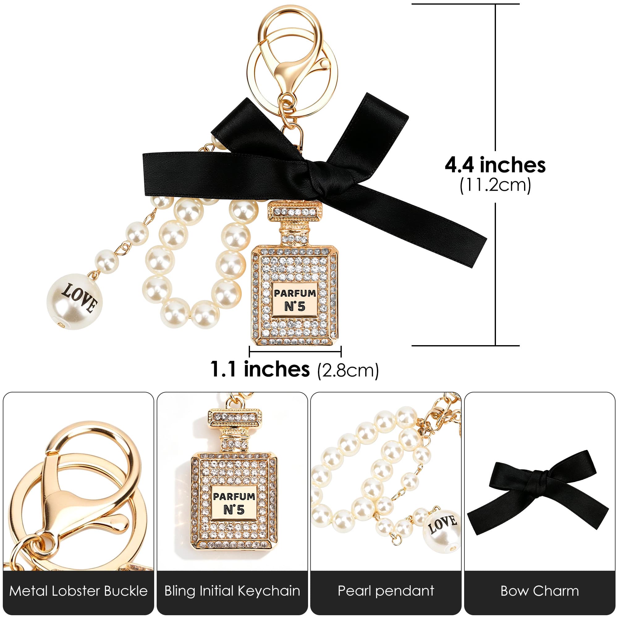 ReignSword Pearl Bow Perfume Purse Keychain for Women, Elegant Crystal Perfume Bottle Key Ring, Bling Car Key Chain & Handbag Charm (White) - 3