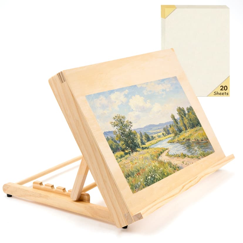 JANKINGS Tabletop Easel for Painting with 10 Sheets Paper - Solid Pine Wood Table Top Easel for Artists and Students - Foldable Desktop Art Stand for Sketching, Watercolor & Acrylic (1-Pack)