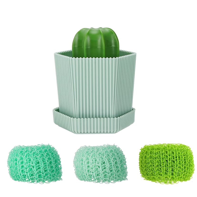 JANKOW Cactus Dish Mini Brush, Cactus Cleaning Brush, Cactus Cleaning Ball, with Drip Tray with 3 Replacement Brushes, for Cleaning Dishes, Pans, Pots, Sink, Countertop (1 Set Green)