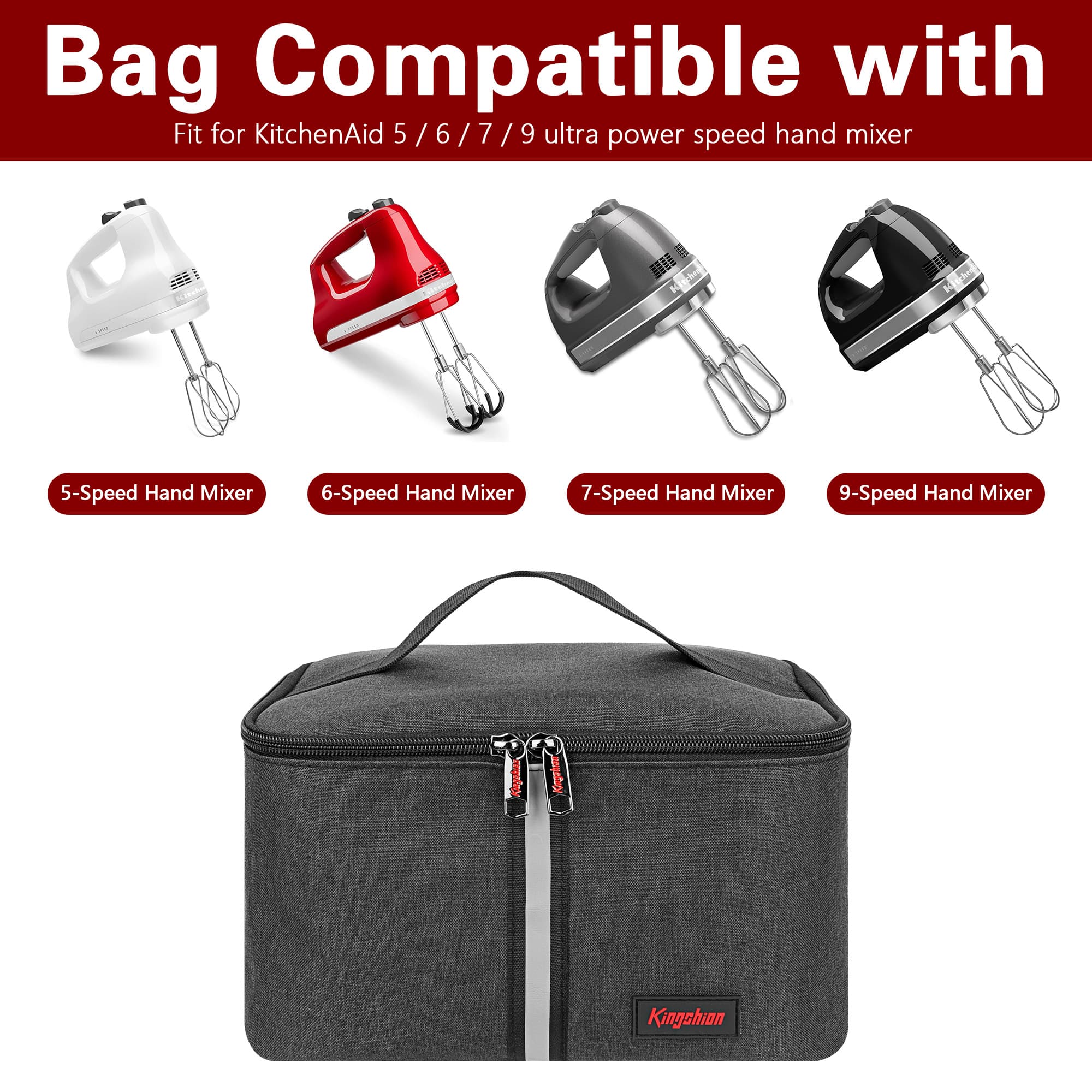 Kingshion Hand Mixer Carrying bag for KitchenAid Mixers - Compatible with 5/6/7/9 Ultra Power Speed Models, Travel Storage Box with Handle for Mixer Accessories (Case Only)-Dark Gray - 3
