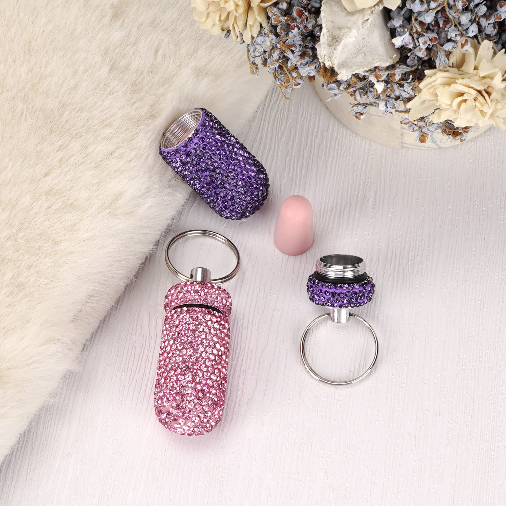 JANKOW 2 Pcs Bling Earplug Case, Waterproof Aluminum Pill Box Keychain with Rhinestones, Sparkling Mini Ear Plug Container for Sleeping, Concerts & Travel, Portable Jewelry Storage (Pink & Purple) - 4