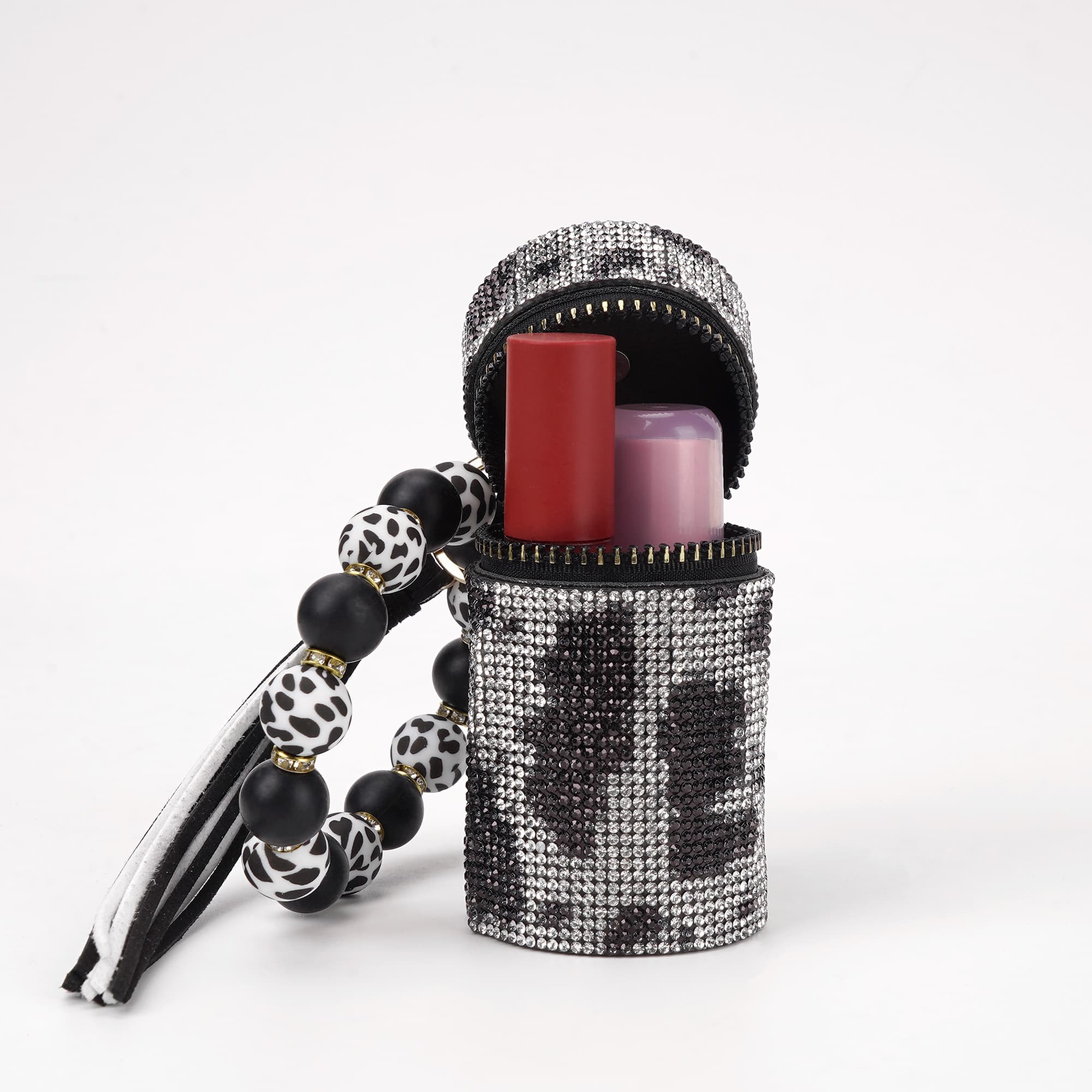 JANKOW Lipstick Keychain Holder Case, Lipstick Holder Keychain, Leather Diamond Lip Gloss Holder with Keychain for Purse Perfume Fingernail Polish (Cow Print) - 2