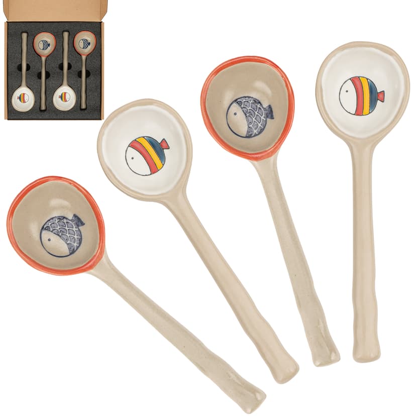 JANKOW 4 Pack Japanese Ceramic Soup Spoons - Hand-Painted Cute Animal Porcelain Spoons with Long Handle - Asian Soup Spoon Set for Ramen, Pho, Wonton, Miso Soup, Dumplings - 6.6 Inch