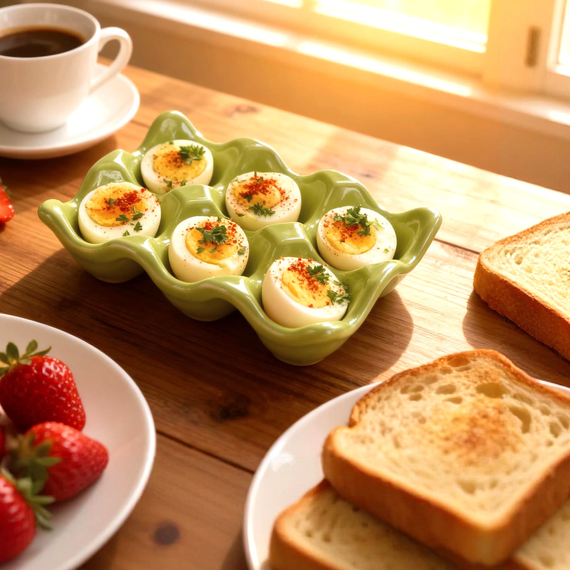 JANKINGS Ceramic Egg Holder Trays, 2-Pack Green, 6-Slot Each (12 Eggs Total) — Countertop & Fridge Egg Cups Organizer, Glazed Stoneware Egg Rack - 3