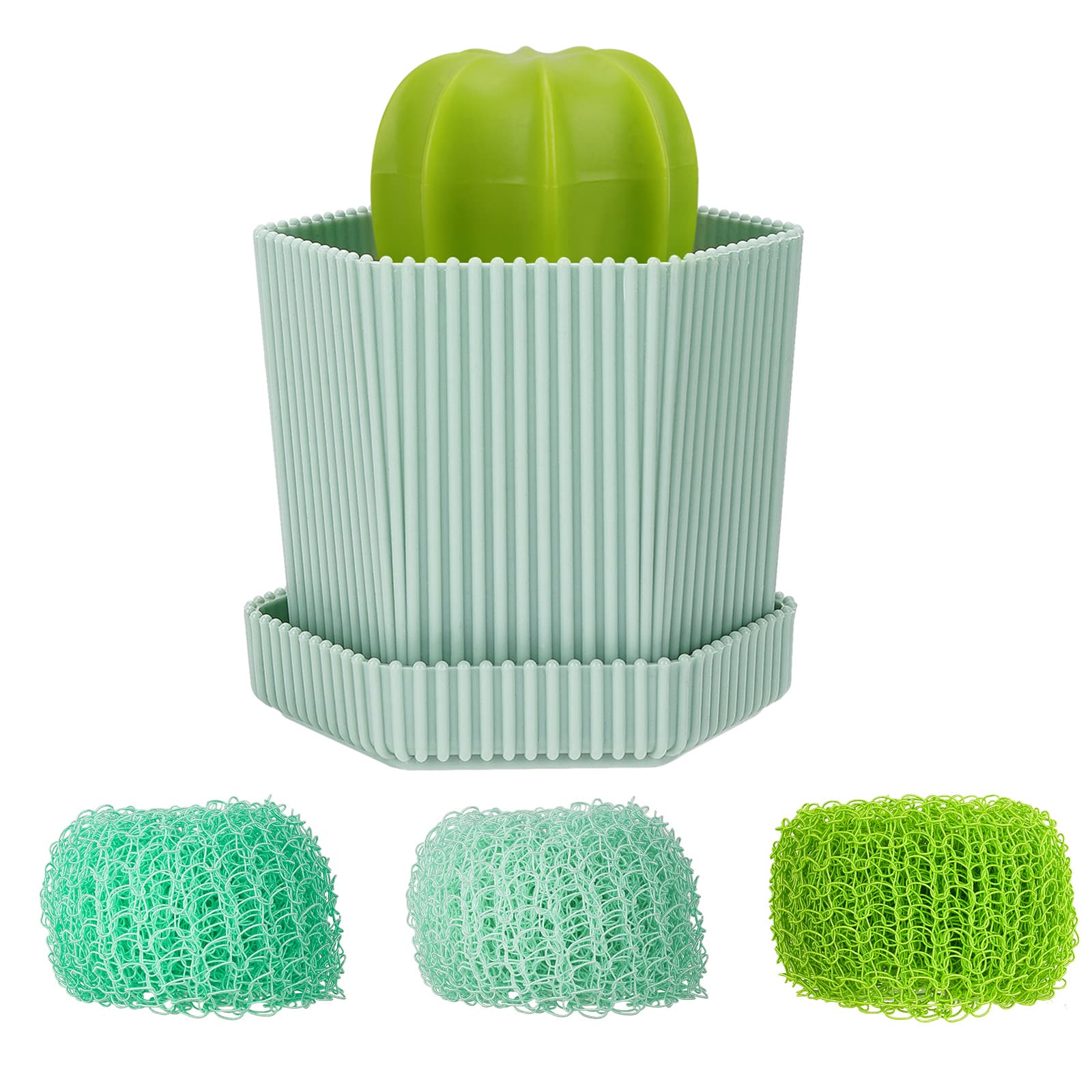 JANKOW Cactus Dish Mini Brush, Cactus Cleaning Brush, Cactu Cleanings Ball, with Drip Tray with 3 Replacement Brushes, for Cleaning Dishes, Pans, Pots, Sink, Countertop (1 Set Green) - 1