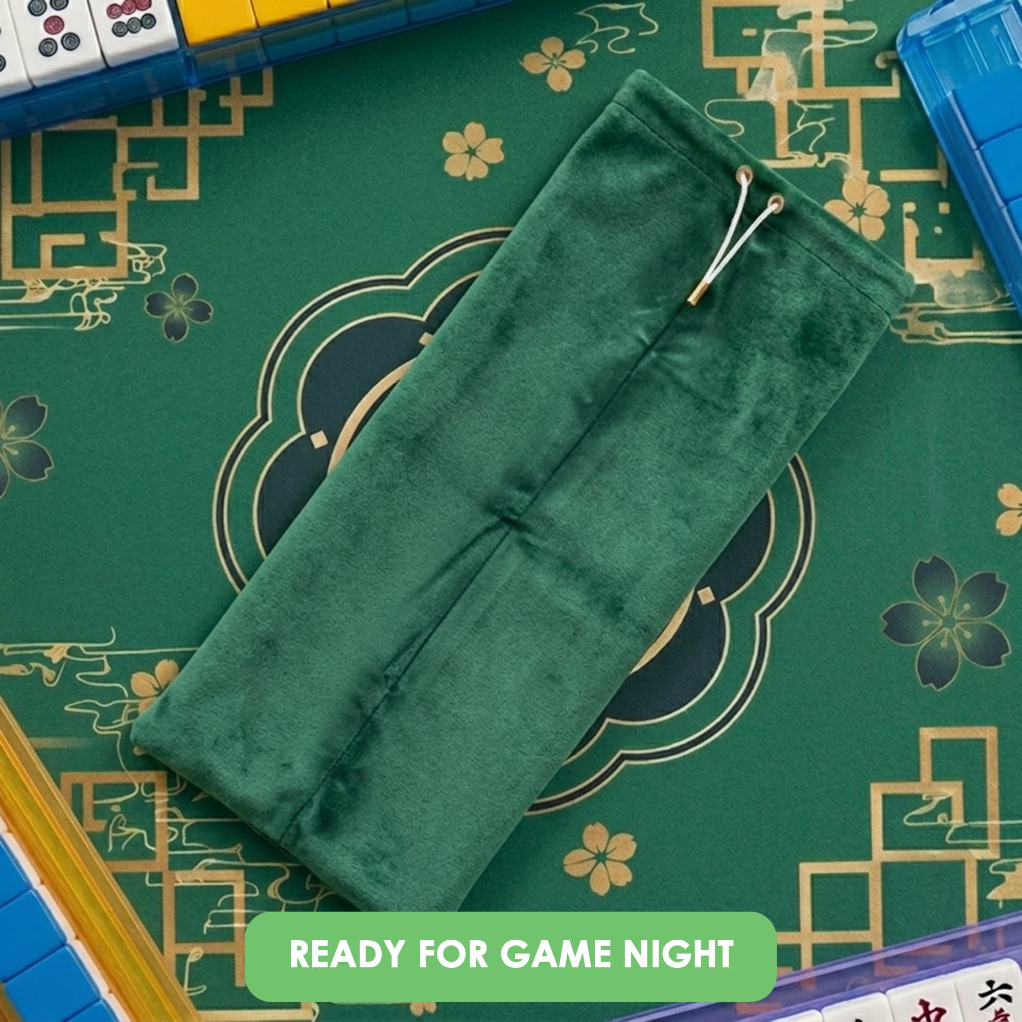 ReignSword Velvet Mahjong Rack Storage Bag, 22x9.5 Inch Drawstring Pouch, 2-Compartment Organizer for 4 Mahjong Racks & Pushers, Protective Holder for Mah Jongg Accessory (Green) - 5