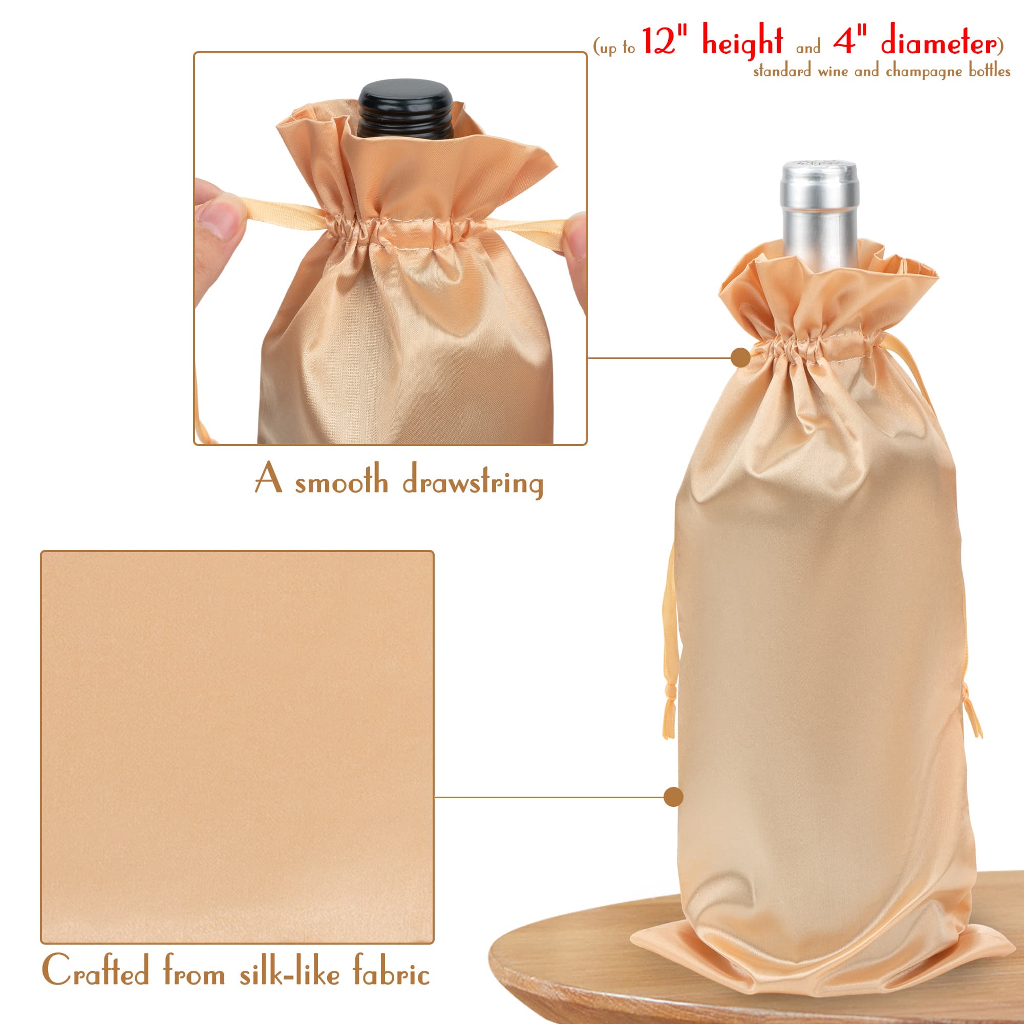 JANKINGS Wine Bottle Gift Bag, Reusable Silk Wine Gift Bags with Drawstrings, Champagne Bags Carrier for Birthday, Wedding, Party (12Pcs Golden) - 2
