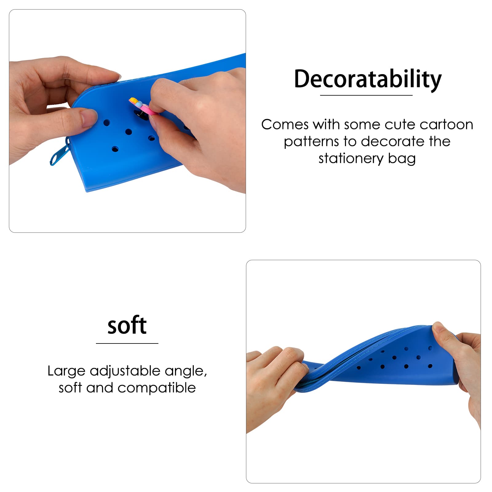 JANKOW 2 Pcs Zipper Pencil Pouch Portable Pencil Bag, DIY Personality Cute Pencil Case Silicone, Blue Pen Bag with 10 Pcs Button Accessories, Suitable for Offices (Blue) - 1