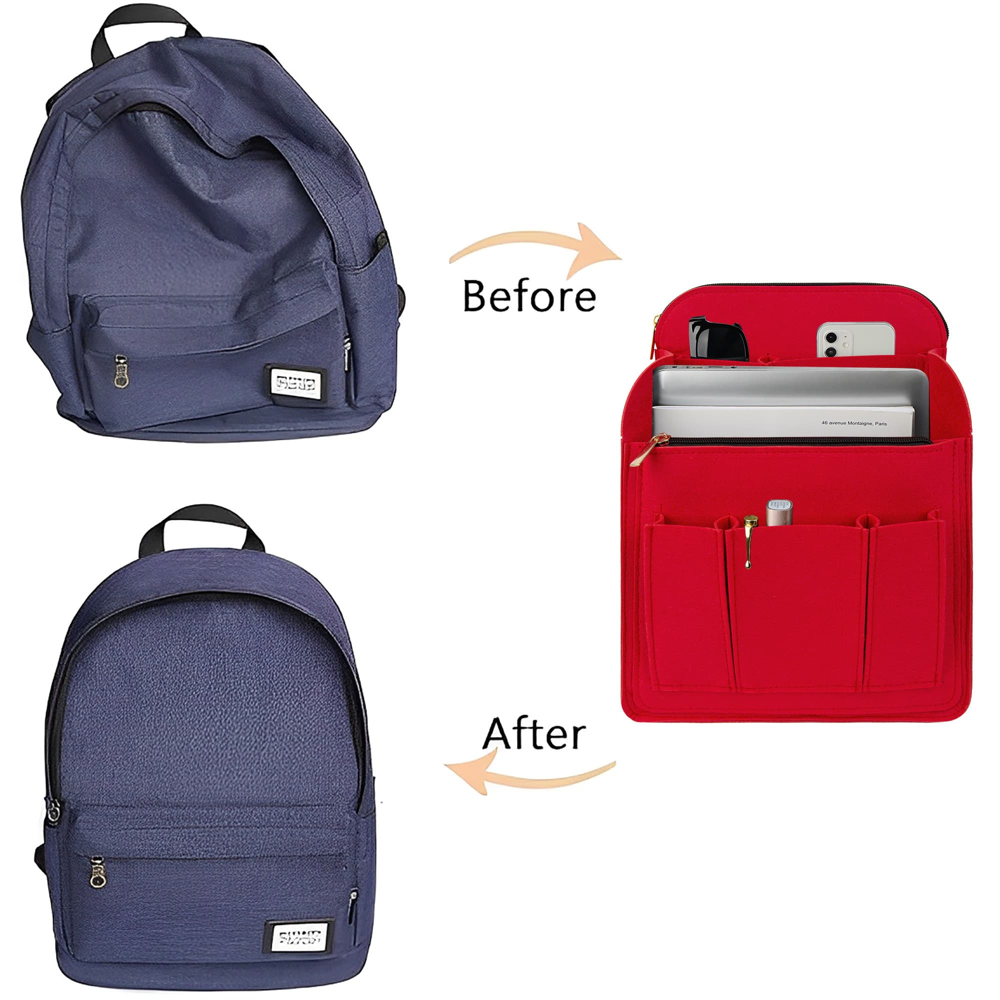 Kingshion Large Capacity Backpack Organizer Insert - Felt Storage Insert for 10"+ Backpacks, Rucksacks & Travel Bags | Vertical Design with Shoulder Strap Slot & Interior Pockets - Red - 6