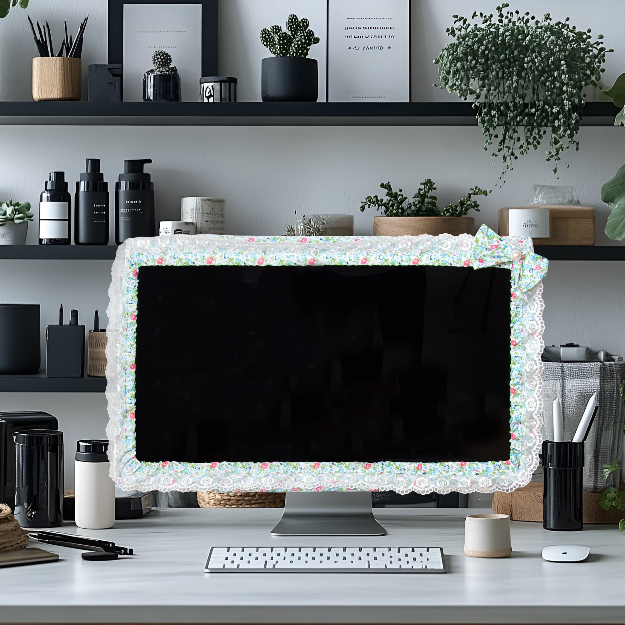 Kingshion 24 - 27 IN Lovely Cute Computer Monitor Cover with Lovely Cute Elastic Pen Pocket Bow-knot TV LCD Screen Monitor Decoration Dust Cover Protector, Lace Fabric- Green - 5