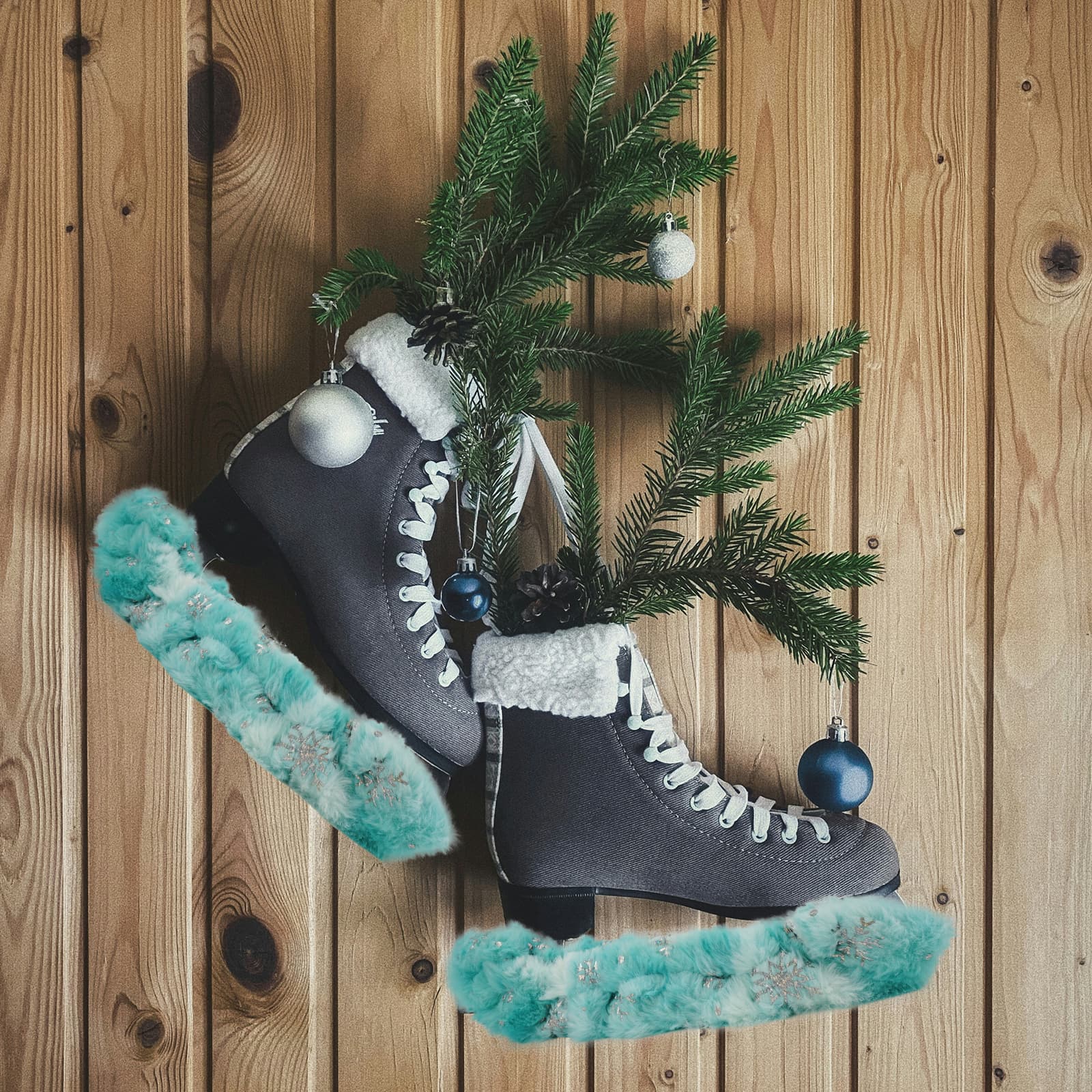 RidingRush Figure Skating Blade Guards - Soft Plush Fur with Snowflake Sequins, Stretchable Design, Bamboo Fiber Lining, Fits Most Skate Sizes, Green Tea - 2