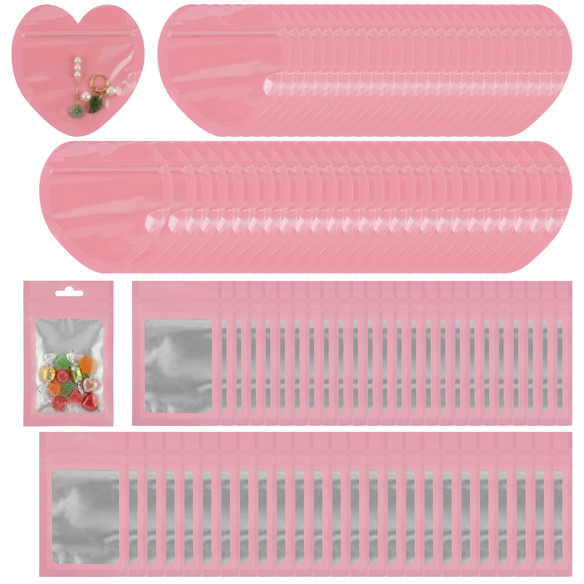 ReignSword 100Pcs Pink Gift Bags, Resealable Heart & Rectangle Clear Front Ziplock Mylar Bags for Jewelry, Candy, Party Favors, Wedding & Small Business Packaging (5 x 3 Inch, 3.9 x 3.9 Inch) - 2