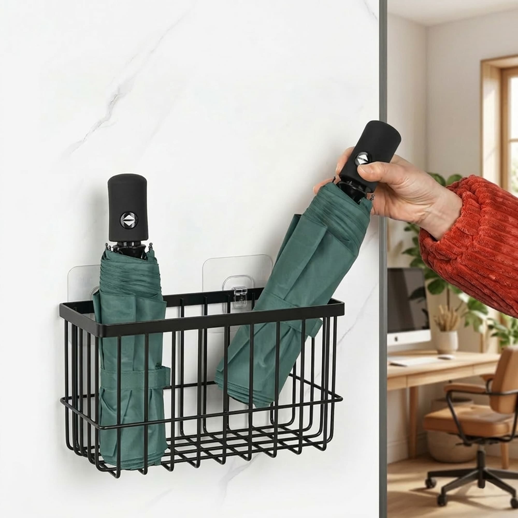 ReignSword Wall Mount Umbrella Stand, Metal Wire Storage Rack for Short Umbrellas, Space Saving Adhesive Organizer Holder for  Entryway, Door & Office (Black) - 5