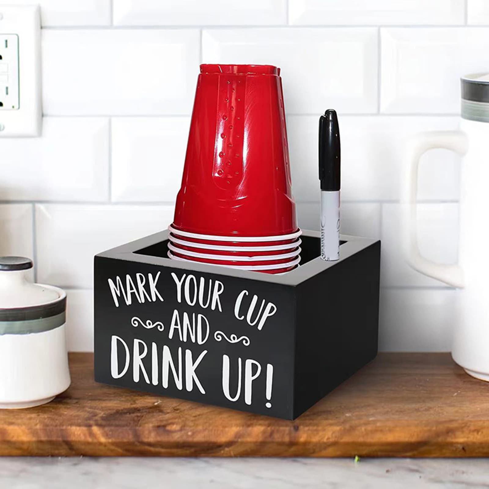 JANKOW Cup Holder with Marker Slot, Black Wood Disposable Cup Holder, Mark Your Cup and Drink Up Plastic Cup Organizer - 5