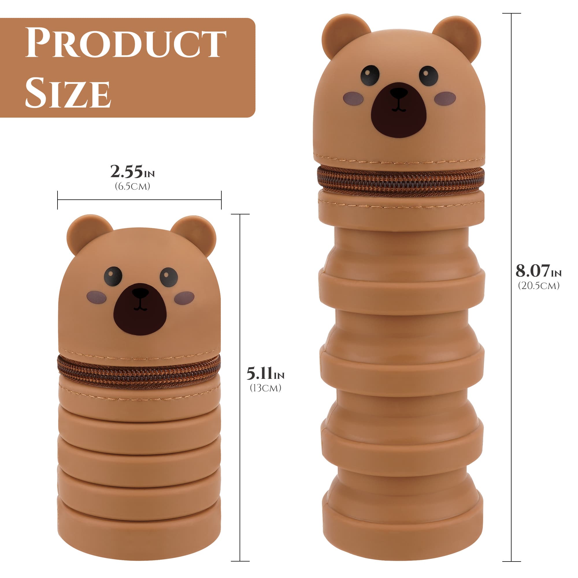 JANKOW Cartoon Silicone Foldable Pen Holder Bear Shape Cute Expandable Pencil Case, Creative Stationery Organizer Flexible Pen Holder (Brown) - 1
