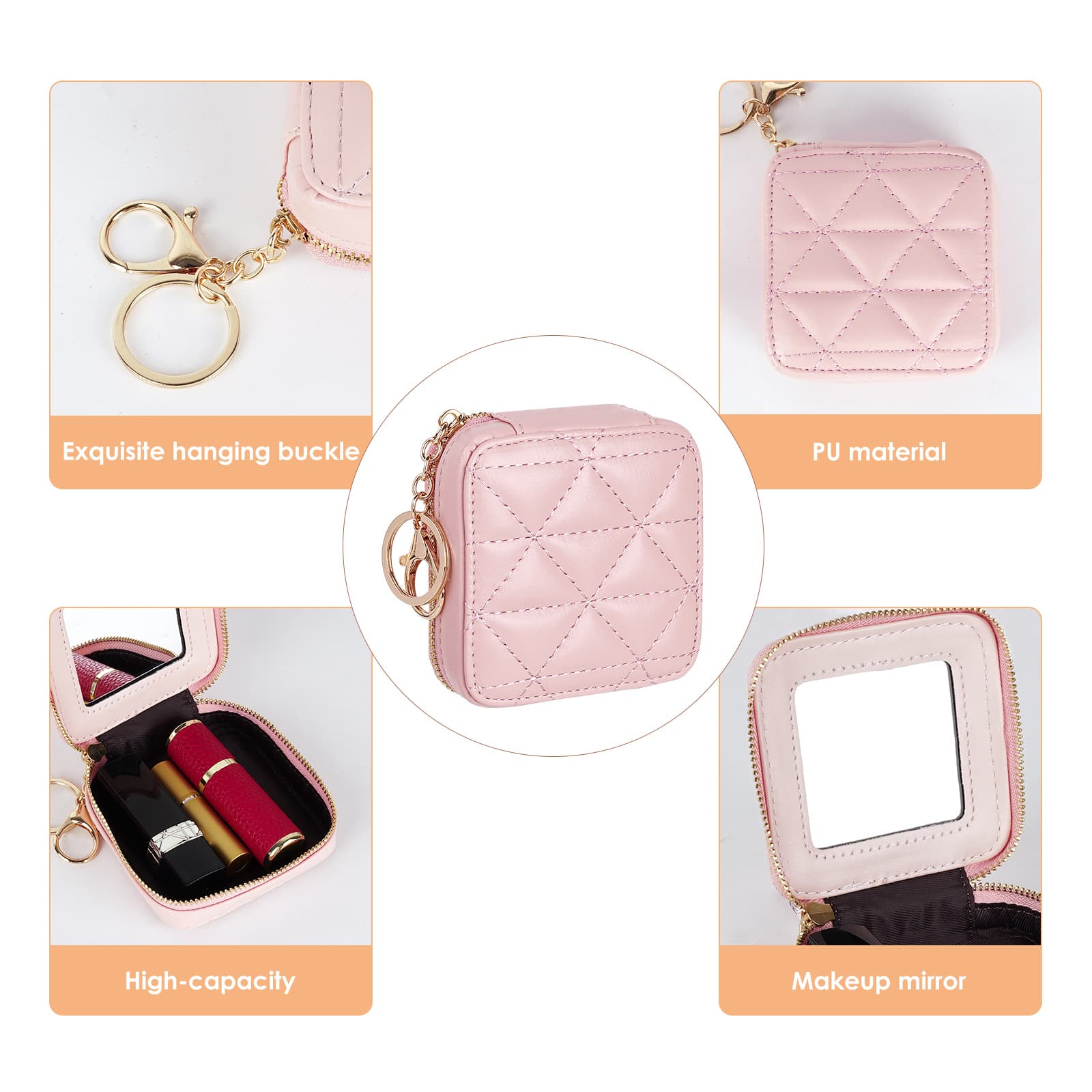 JANKOW Llipstick Holder with Mirror, Leather Lipstick Case with Mirror, Portable Mini Cosmetic Pouch, Suitable Daily Touch-up Cute Lipstick Holder Cosmetic Storage Bag for Women Girls (1Pcs Pink) - 2