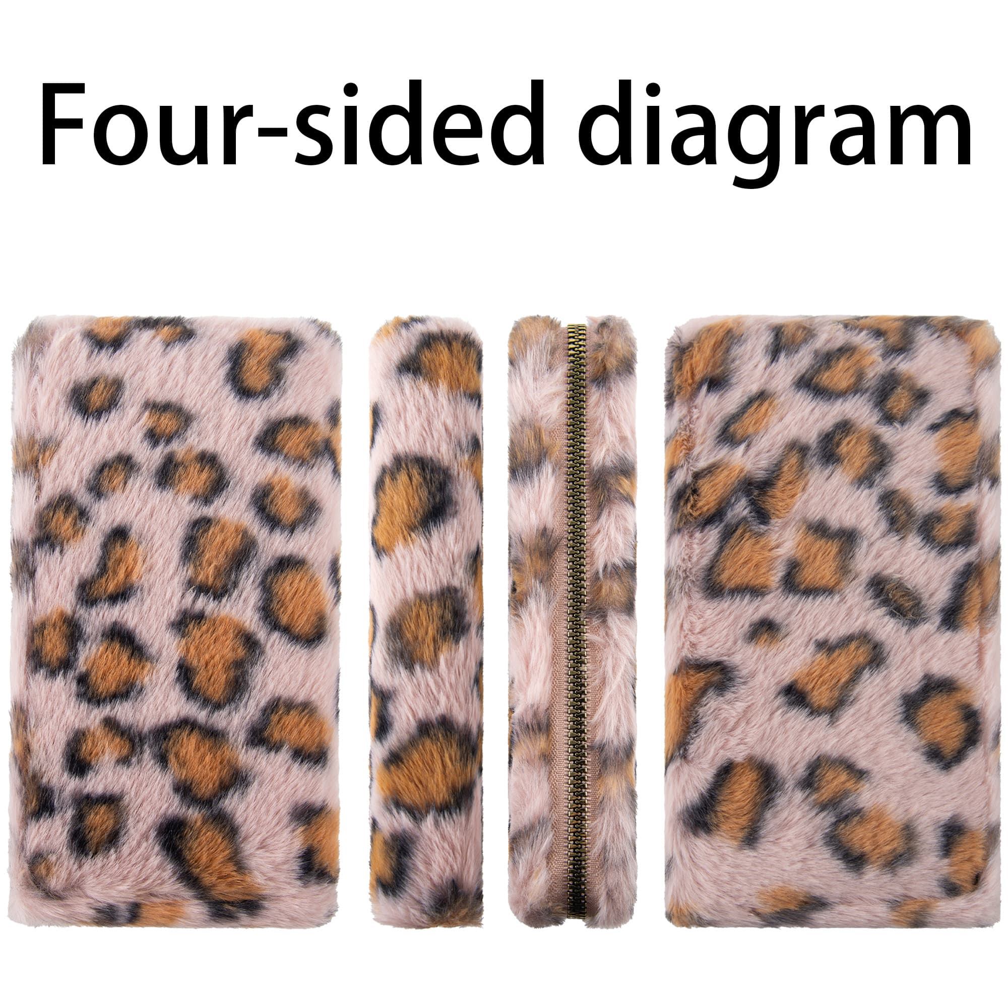 Leopard Print Fuzzy Clutch Wallet - Plush Faux Fur Handbag with 5 Bill Compartment, 8 Card Slots & Zipper Coin Pocket, Durable Scratch Prevention Multi-Pocket Handle Purse for Women (Pink) - 3