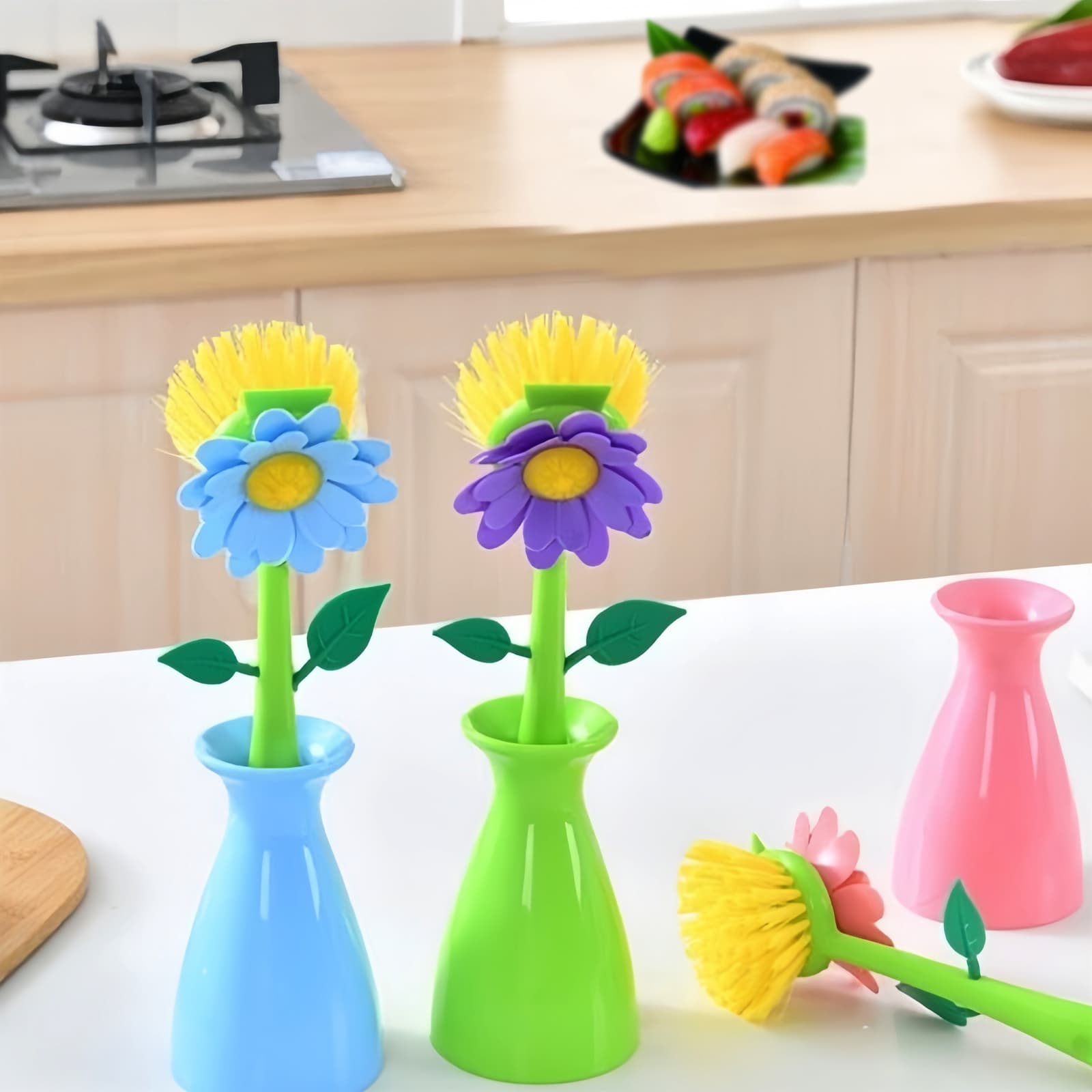 JANKOW Long Handle Vegetable And Fruit Brush, Florganic Dish Brush with Vase, Long Handle Dish Brush Kitchen, for Cleaning Pot Pan Sink Kitchen Supplies Decorative Vase (2 Pcs) (Green/Blue) - 7