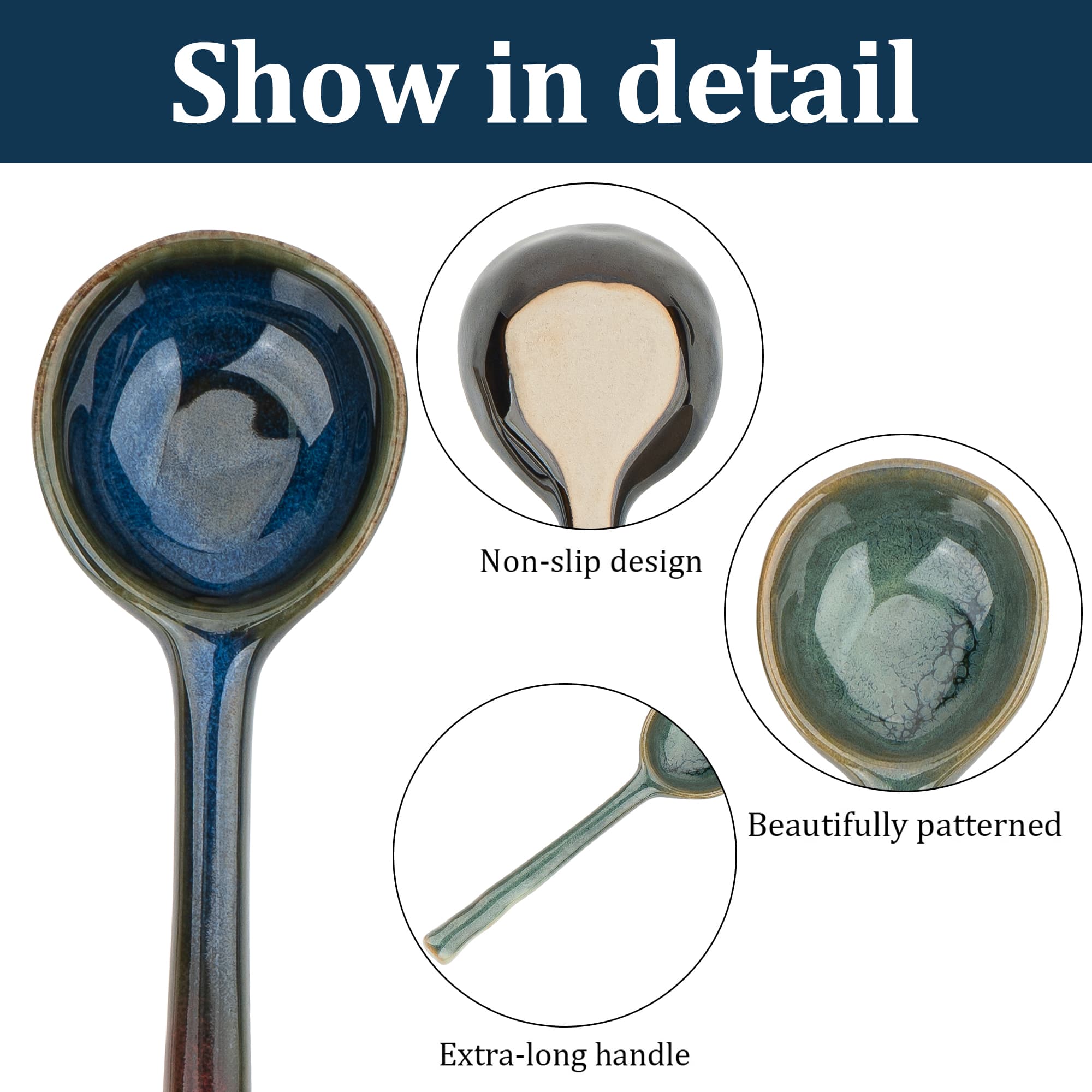 JANKOW 4 Pack Japanese Ceramic Soup Spoons - Hand-Painted Retro Porcelain Spoons with Long Handle - Asian Soup Spoon Set for Ramen, Pho, Wonton, Miso Soup, Dumplings - 6.6 Inch - 2