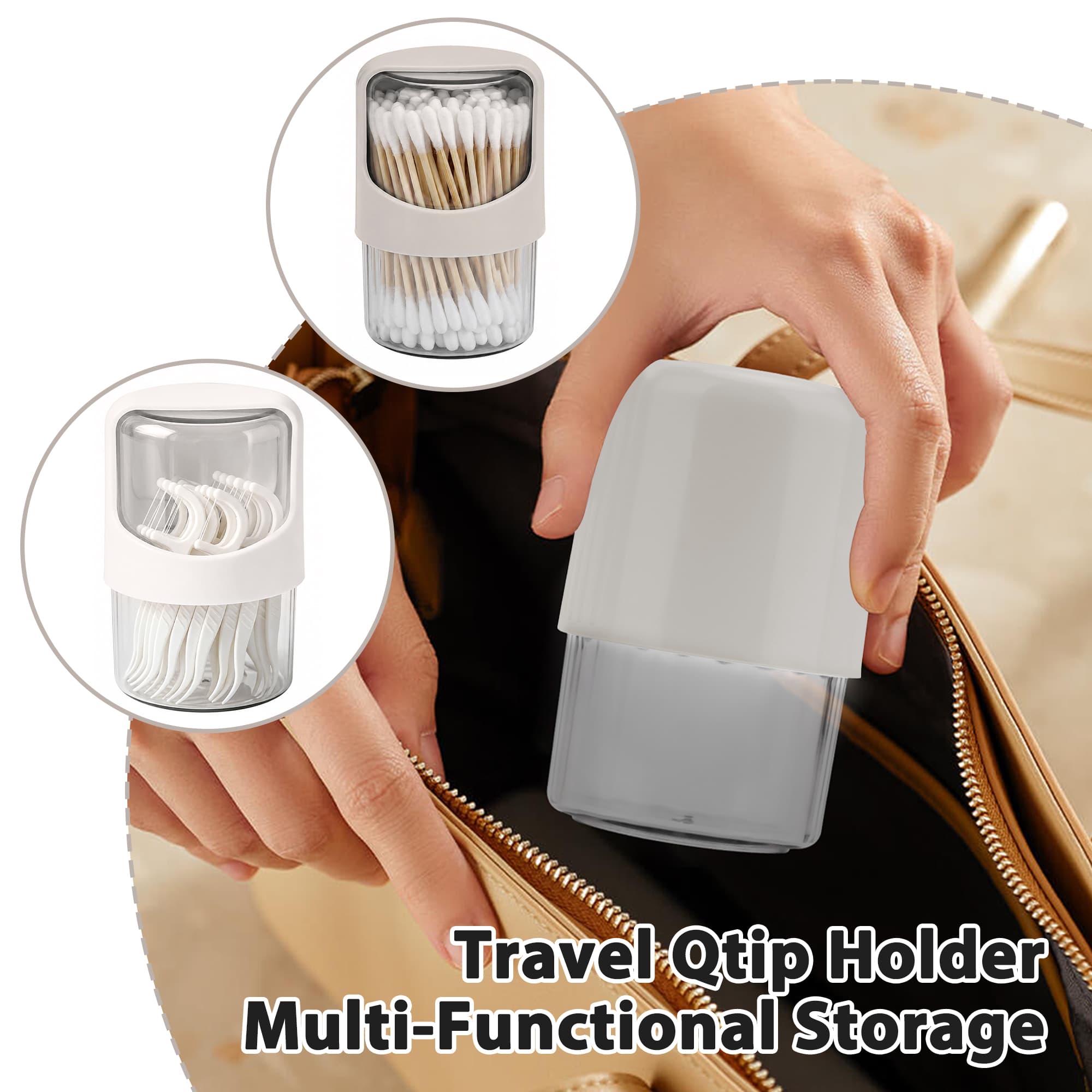 ReignSword 2 Pack Qtip Holder Dispenser with Rotating Lid, Clear Cotton Swab Holder Plastic Container, Bathroom Jar Organizer for Cotton Swabs, Balls, Pads, Dental Floss (Off-White & Light Gray) - 4