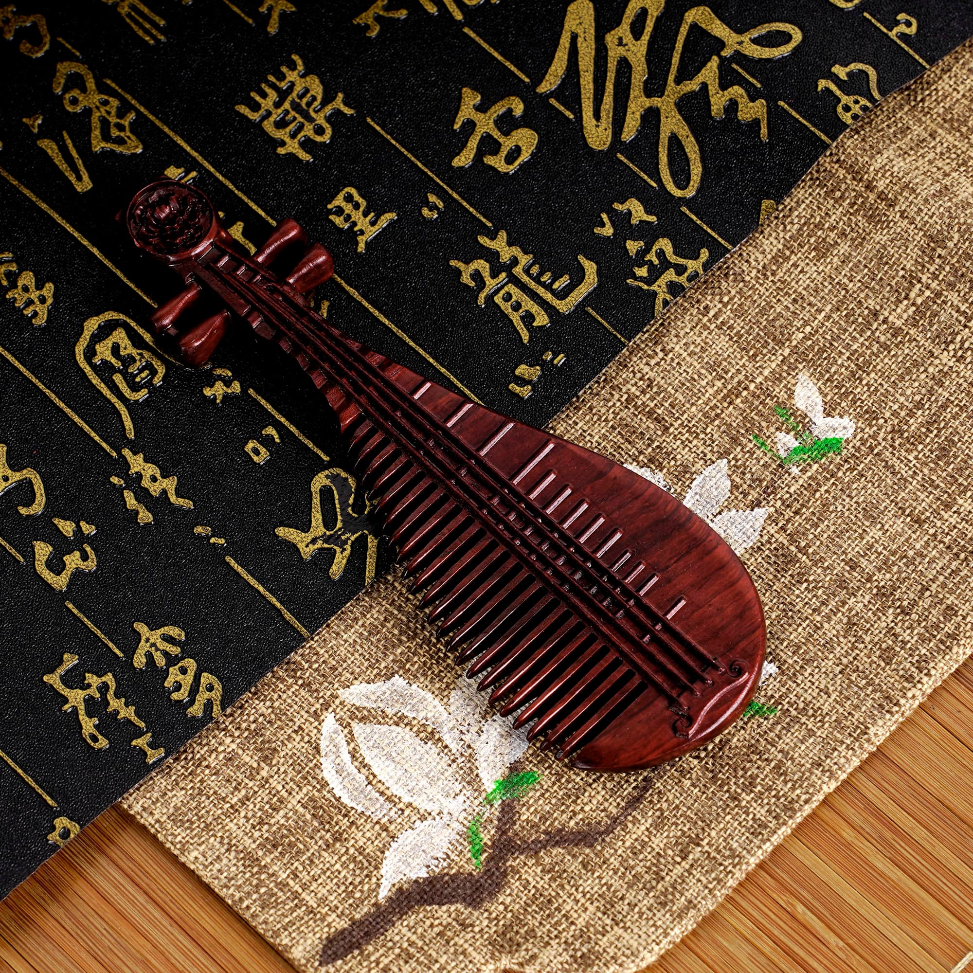 JANKOW Hand-Carved Sandalwood Wooden Hair Comb, Natural Red Sandalwood Pipa-Shaped Wide-Tooth Anti-Static Detangler & Scalp Massager for Women, 1-Pack - 4
