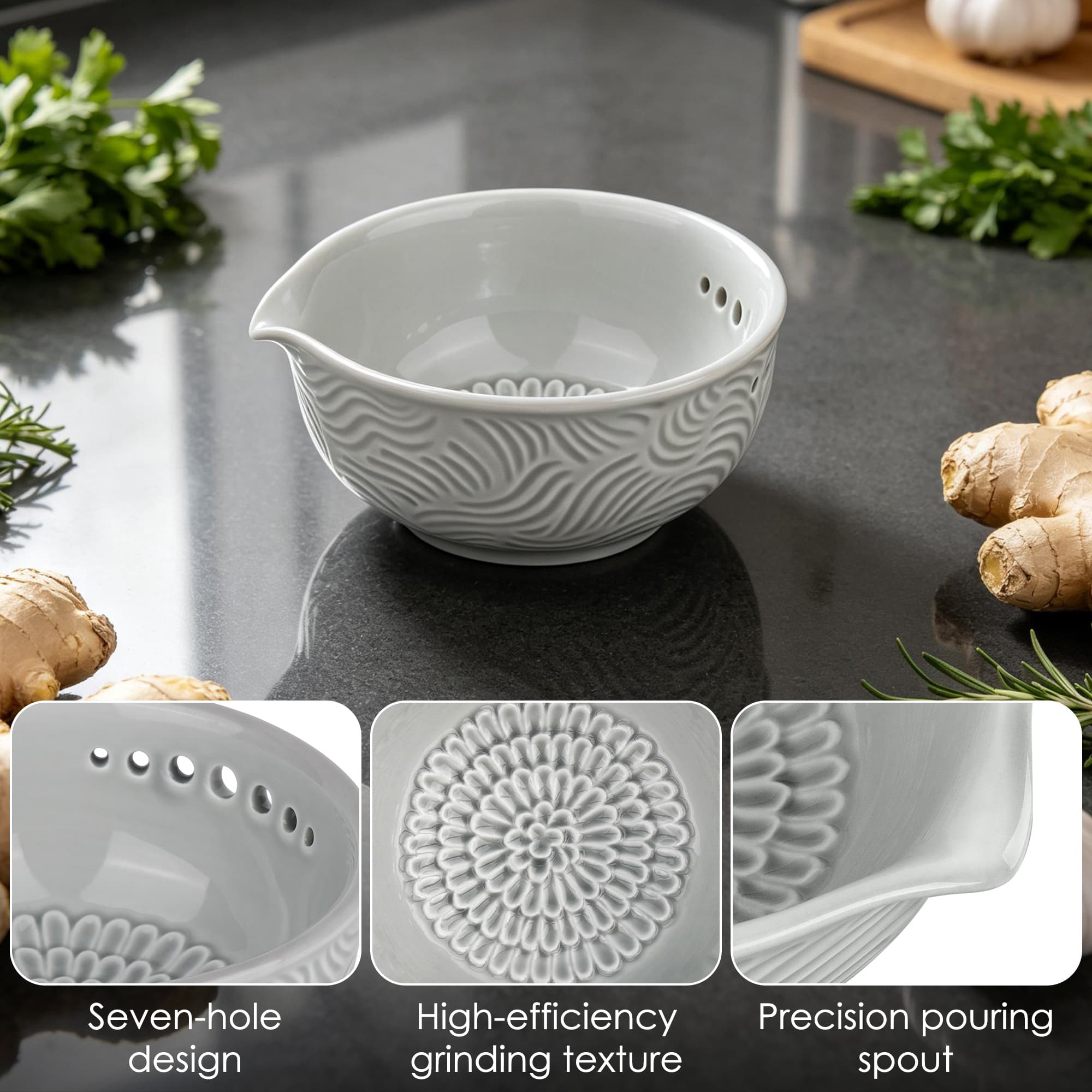 ReignSword Ceramic Garlic Grater Bowl, Gray Embossed Ginger Grater Plate with Stripping Holes, Multi-Use Grinder for Garlic Ginger, with Silicone Brush - 2