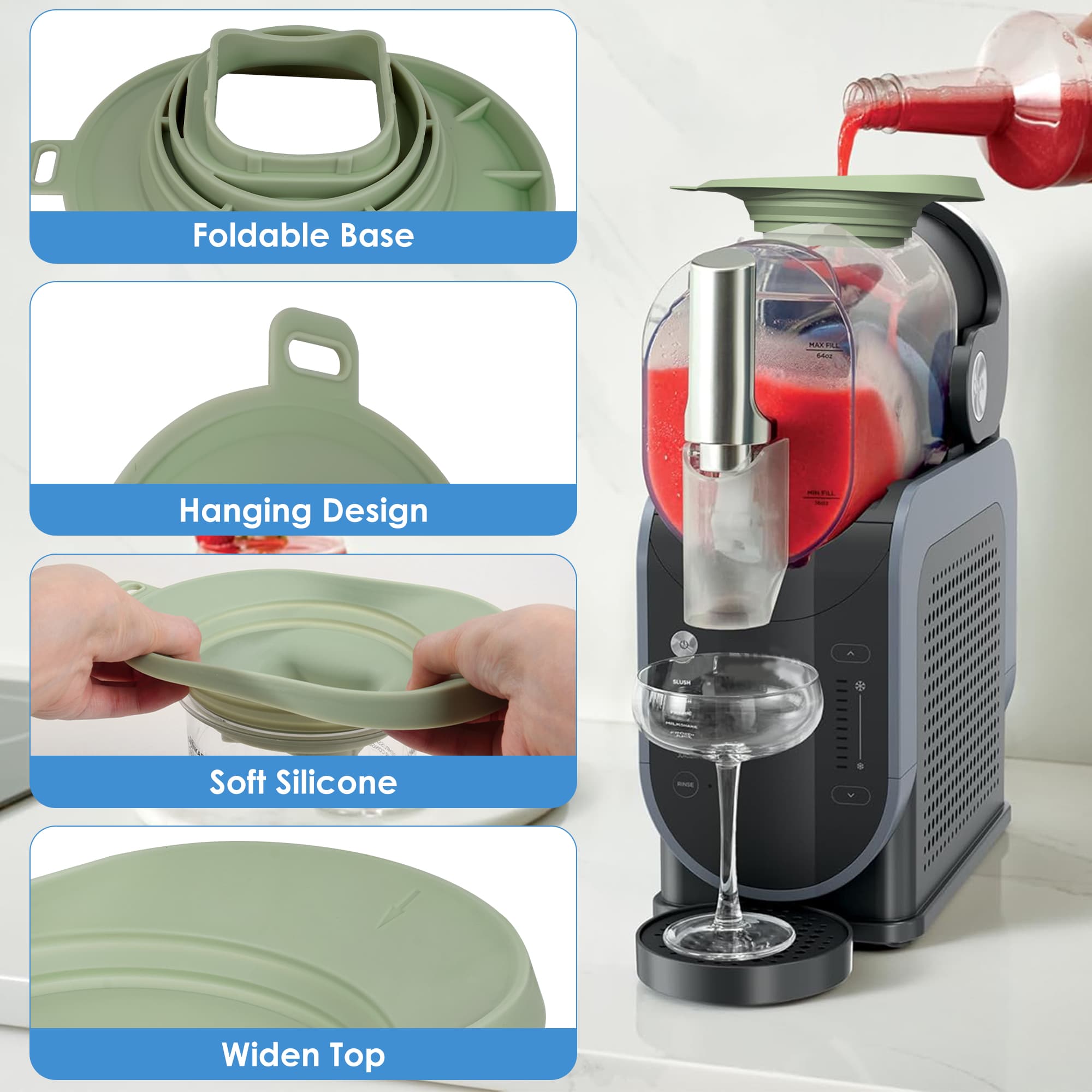 Anti-Splash Liquid Guide Cover Compatible with Ninja Slushie Machine FS301 FS300, Food-Grade Silicone Flow Hood & Foldable Funnel, Creami Swirl Pints Containers Accessories for No Spills (Green) - 4