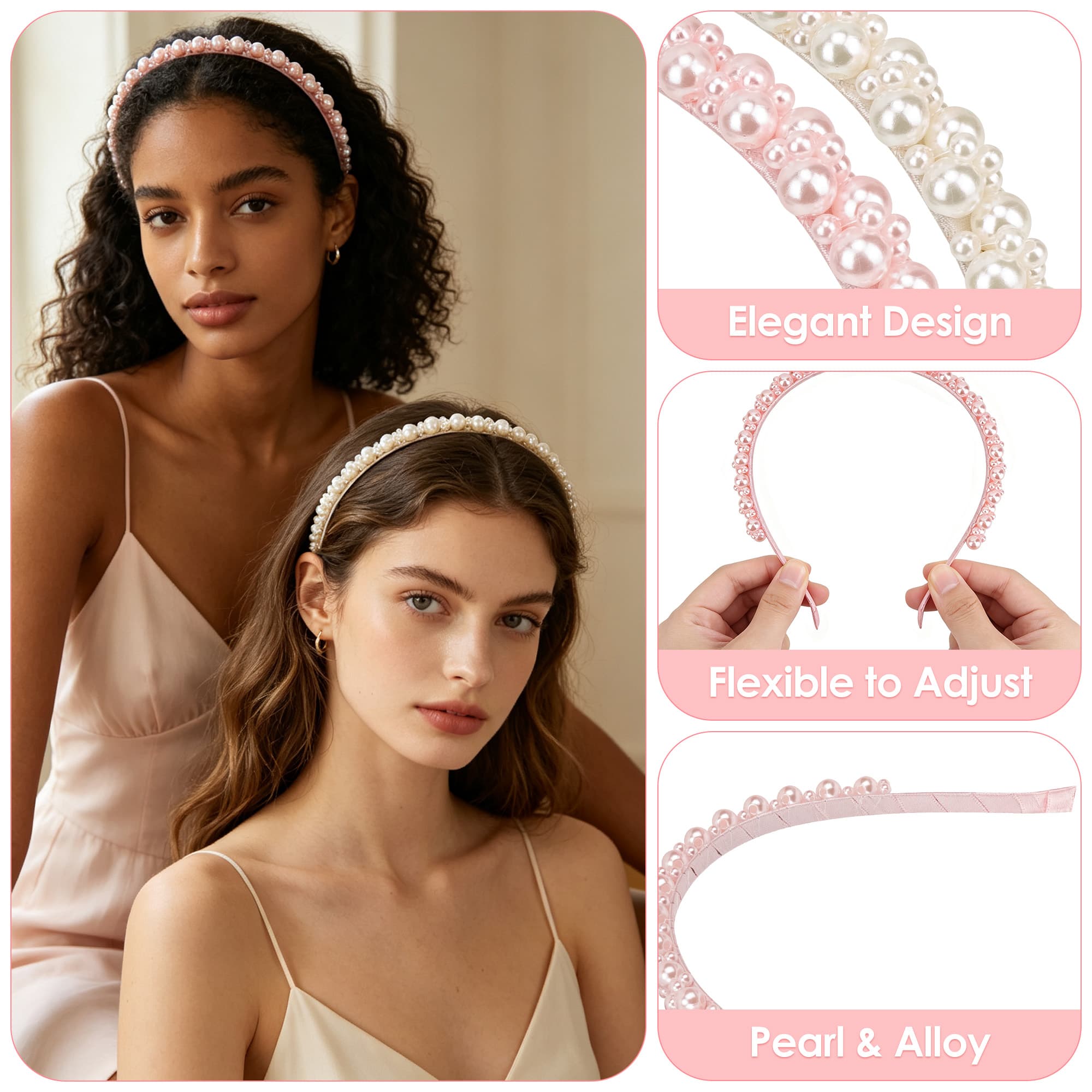 ReignSword 2 Pack Pearl Headbands for Women, Fashion Hair Hoops with Faux Pearl, Elegant Hair Accessories for Wedding, Daily & Party (Pink & White) - 2