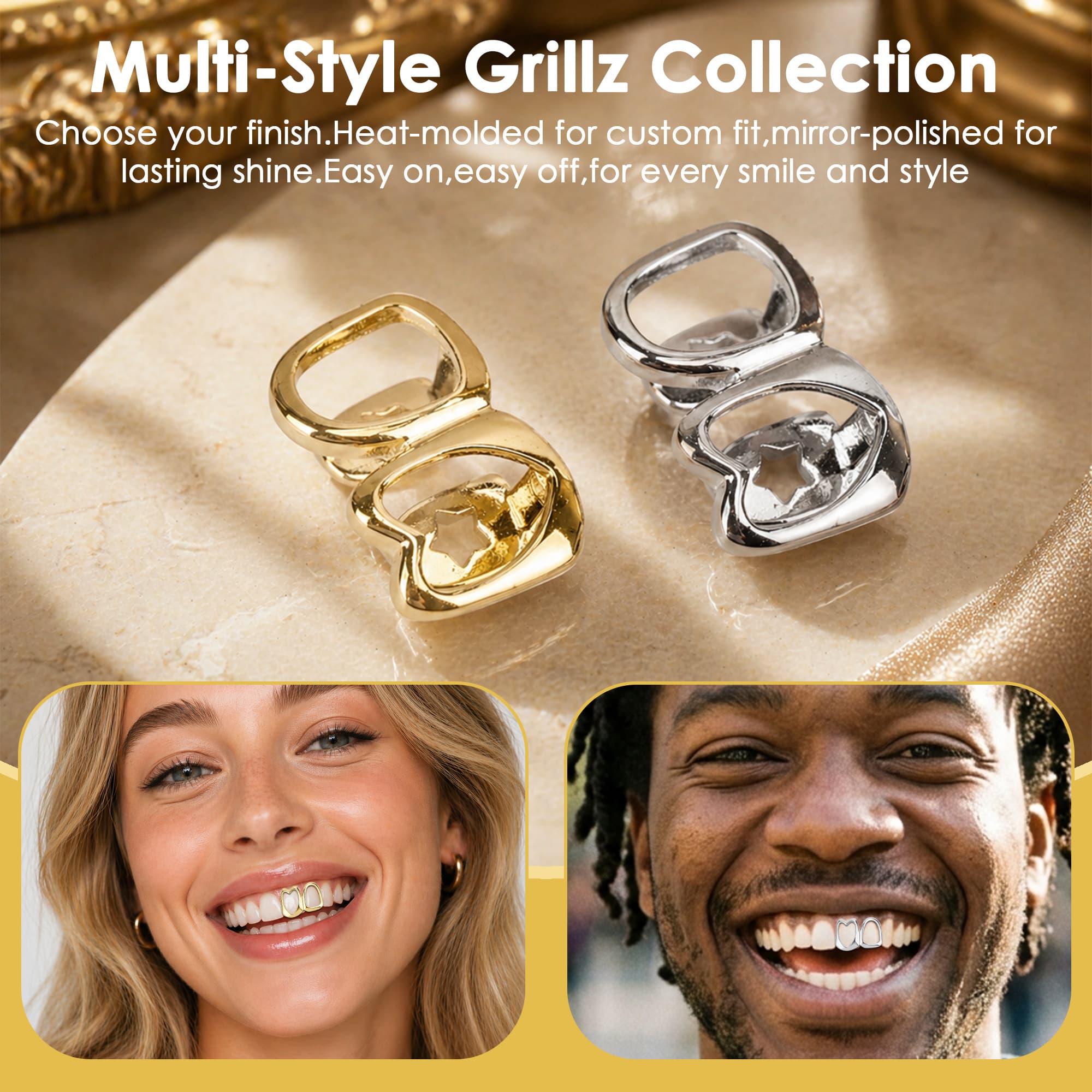 ReignSword Silver Teeth Grillz for Men Women, Adjustable Silver Tooth Cap with Heart, Hip Hop Fashion Teeth Jewelry, Custom Fit Mouth Grill for Party, Concert, Halloween Costume - 7