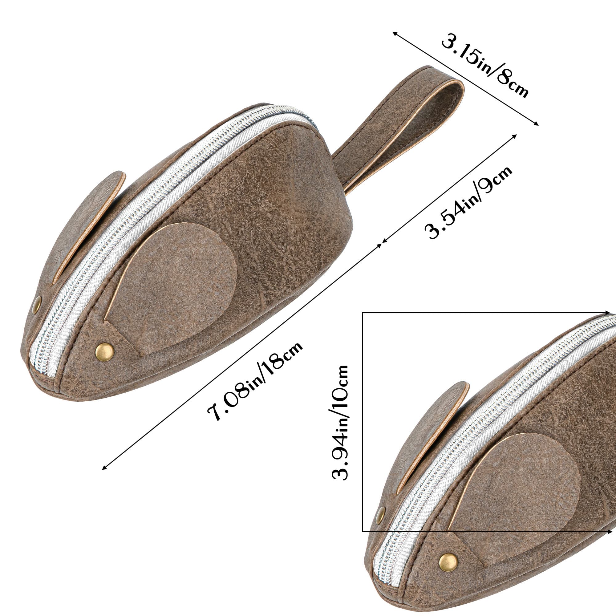 JANKINGS Custom Mouse Pencil Case, PU Leather Zipper Pen Pouch with Wrist Strap Tail, Brown, 1-Pack - 1