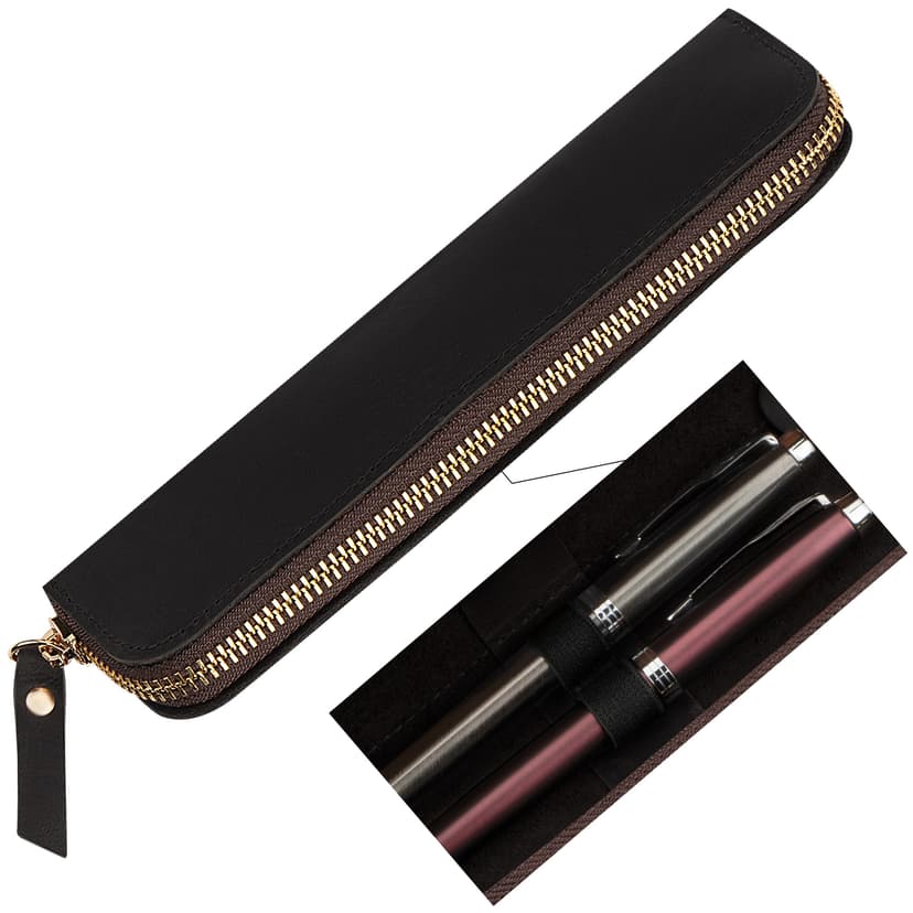 JANKINGS Genuine Leather Pen Case with Dual Elastic Loops - Vintage Fountain Pen Pouch with Metal Zipper - Slim 2-Slot Pencil Sleeve Organizer for Expensive Pens, Writing Instruments - Black