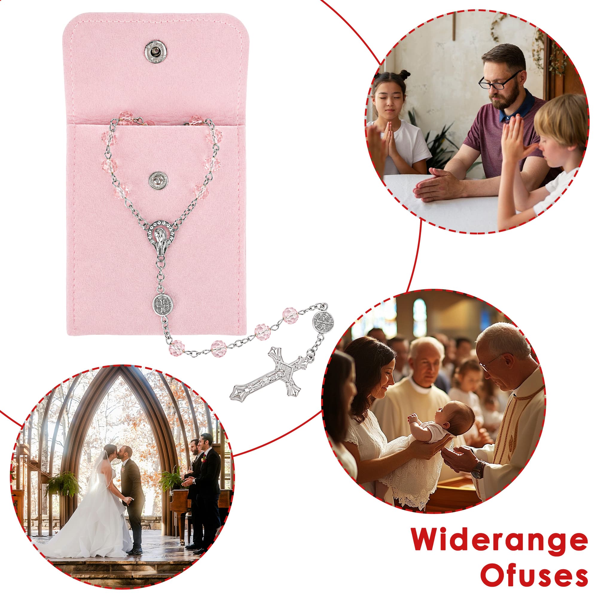 ReignSword Pink Crystal Rosary Necklace with Pink Velvet Pouch, Catholic Cross Beaded Necklace, Religious Jewelry Faith Gift for Women - 5