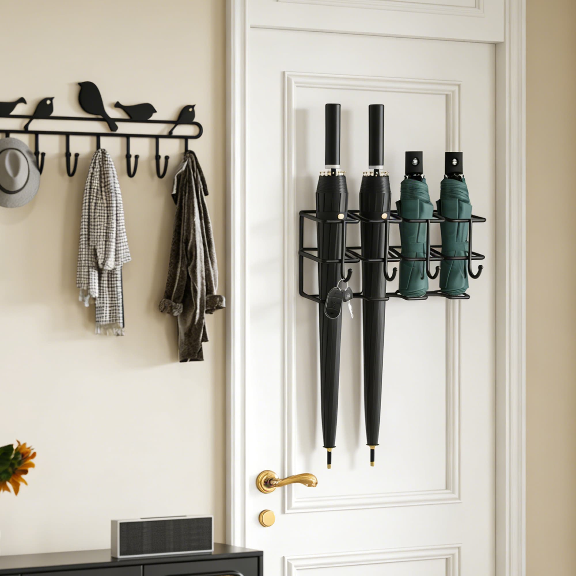 ReignSword Umbrella Stand for Entryway, 4 Compartment Wall Mounted  Metal Umbrella Storage Organizer with Hooks, Space-Saving Umbrella Rack for Home (Black) - 5