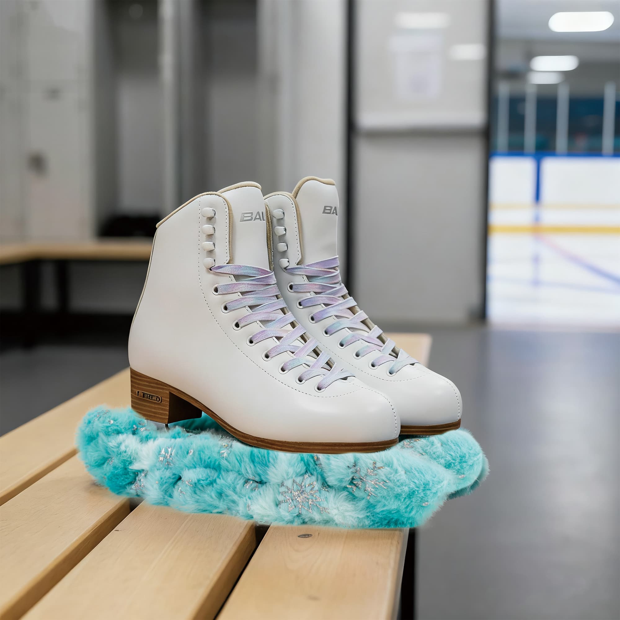 RidingRush Figure Skating Blade Guards - Soft Plush Fur with Snowflake Sequins, Stretchable Design, Bamboo Fiber Lining, Fits Most Skate Sizes, Green Tea - 1