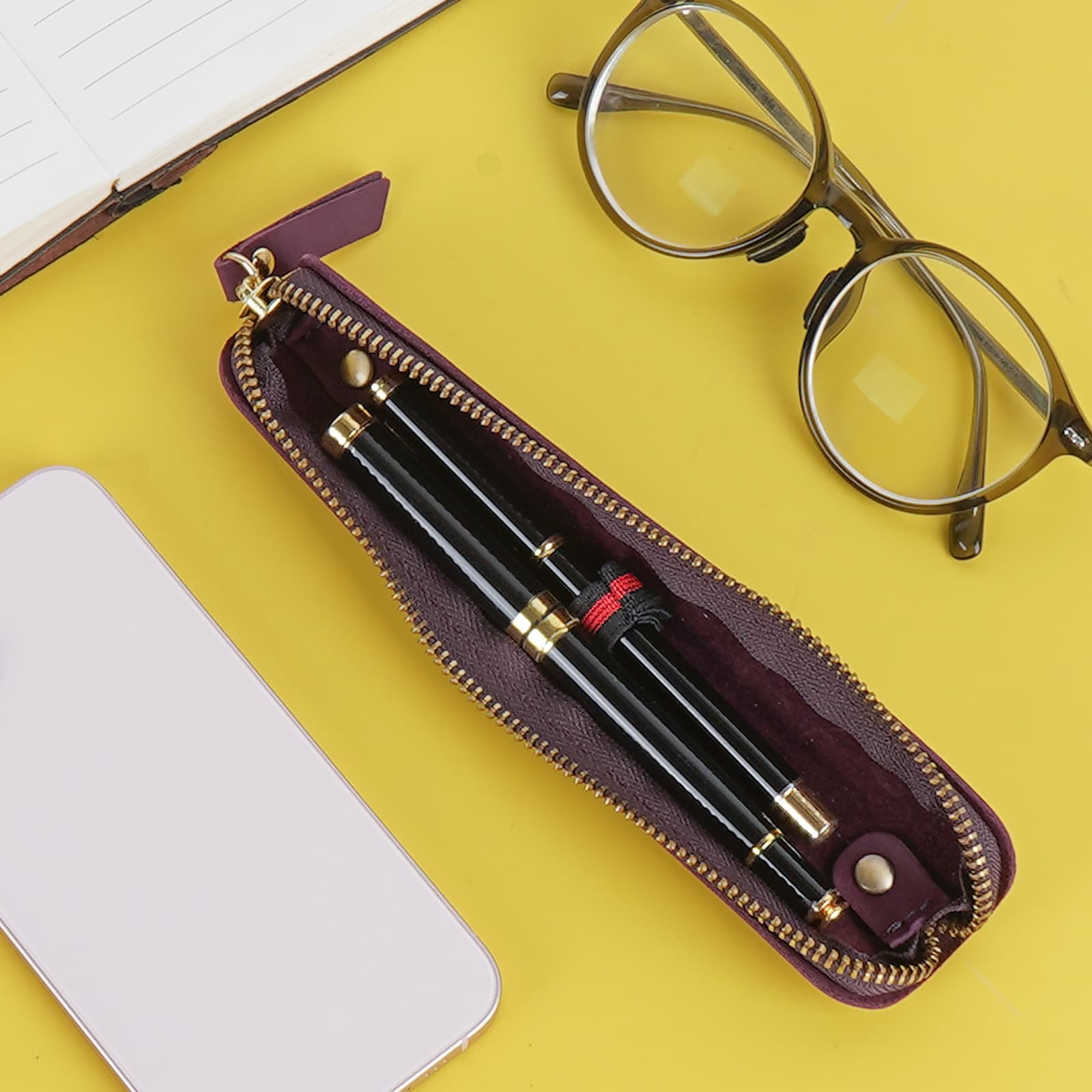 JANKOW Crazy Horse Leather Zipper Pen Pouch Handmade, Single Pen Case Fountain Pen Sleeve Holder Pouch Cover Vintage, Mini Pencil Bag (Purple) - 5