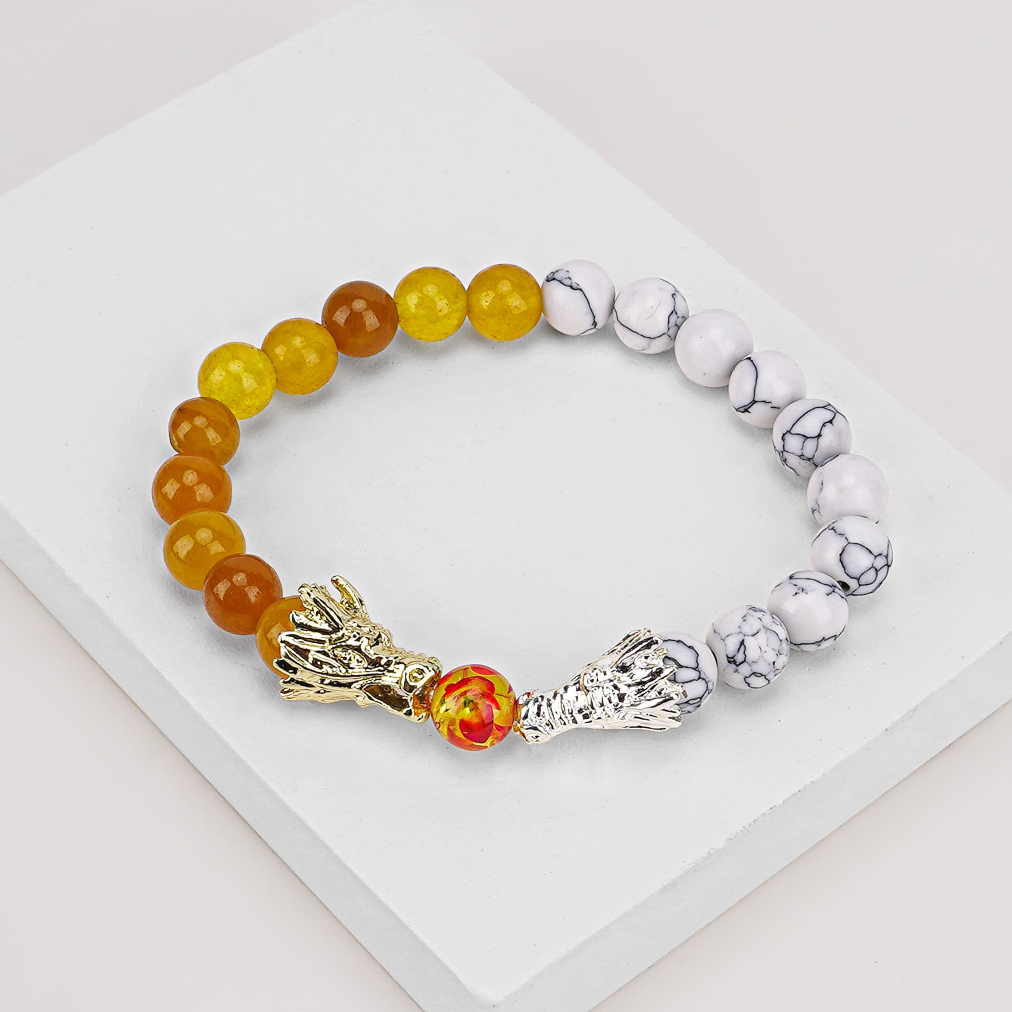 JANKOW Lava Stone & White Turquoise Two-Tone Yellow Crystal Dragon Head Stretch Strand Bracelet, White/Yellow, Unisex - 4