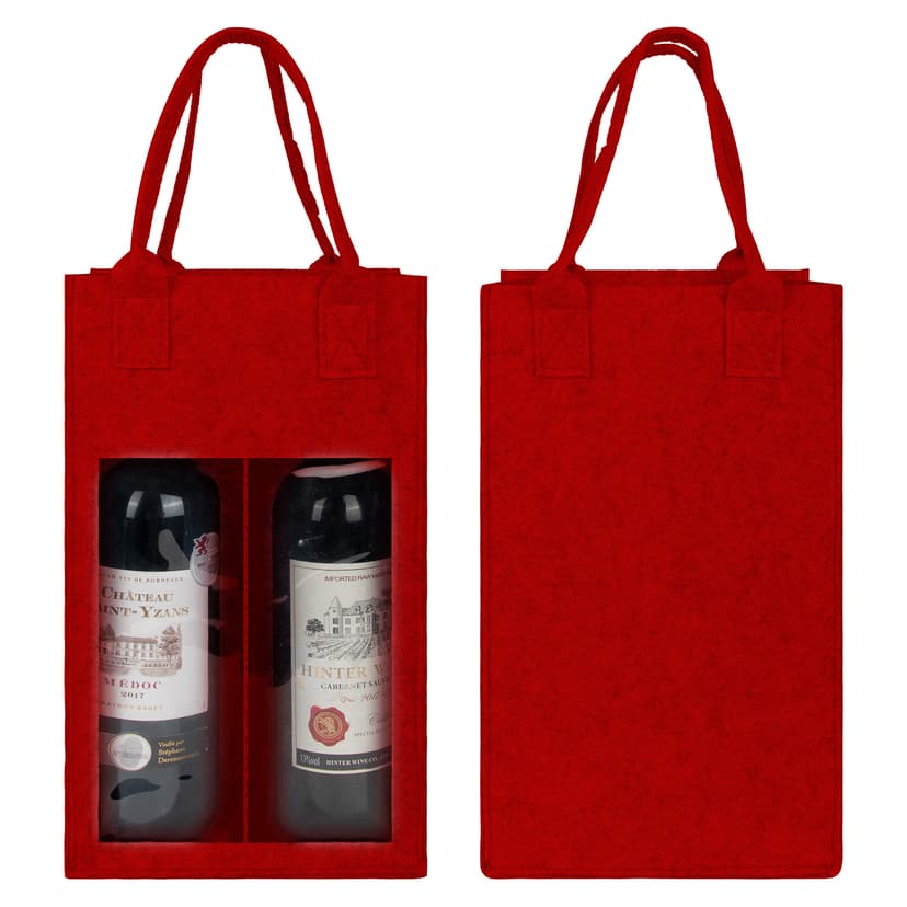 Kingshion Felt 2 Wine Bottle Carrier Bag with Handle, 2 Compartments Wine Bottle Storage Holder, Reusable Travel Wine Carry Bag (Red)