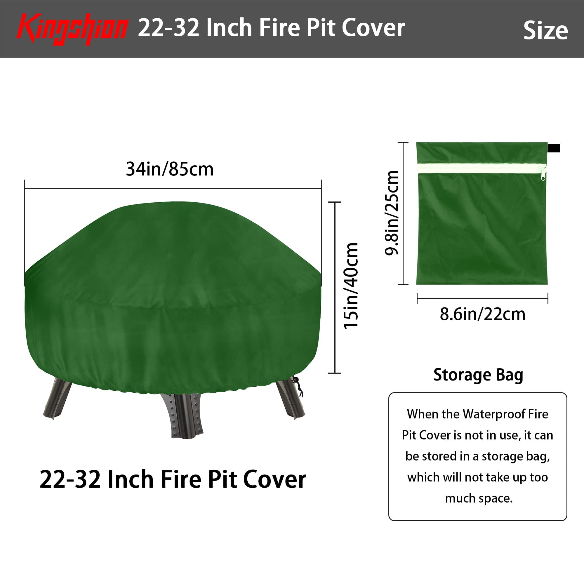 Kingshion 22-32 Inch Fire Pit Cover with Storage Bag, Dustproof Outdoor Fire Pit Table Cover, Heavy Duty Polyester Firepit Cover Round with Windproof Drawstring & Waterproof Layer, Green - 1
