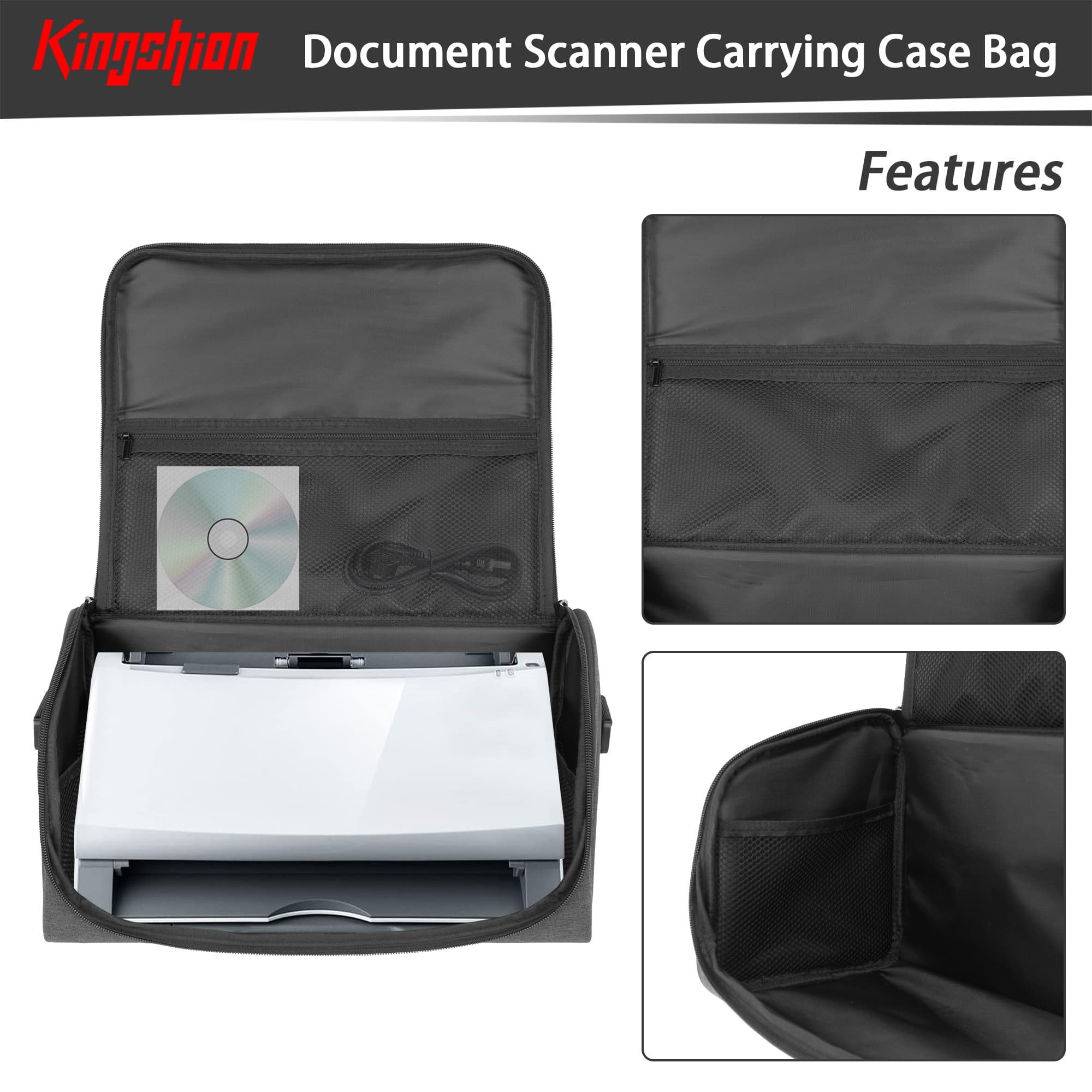Kingshion Document Scanner Carrying Case Bag Compatible with Fujitsu iX1400, iX1500, iX1600, Fi series, Plustek, Brother and Raven Scanner Use - Dark Grey - 3