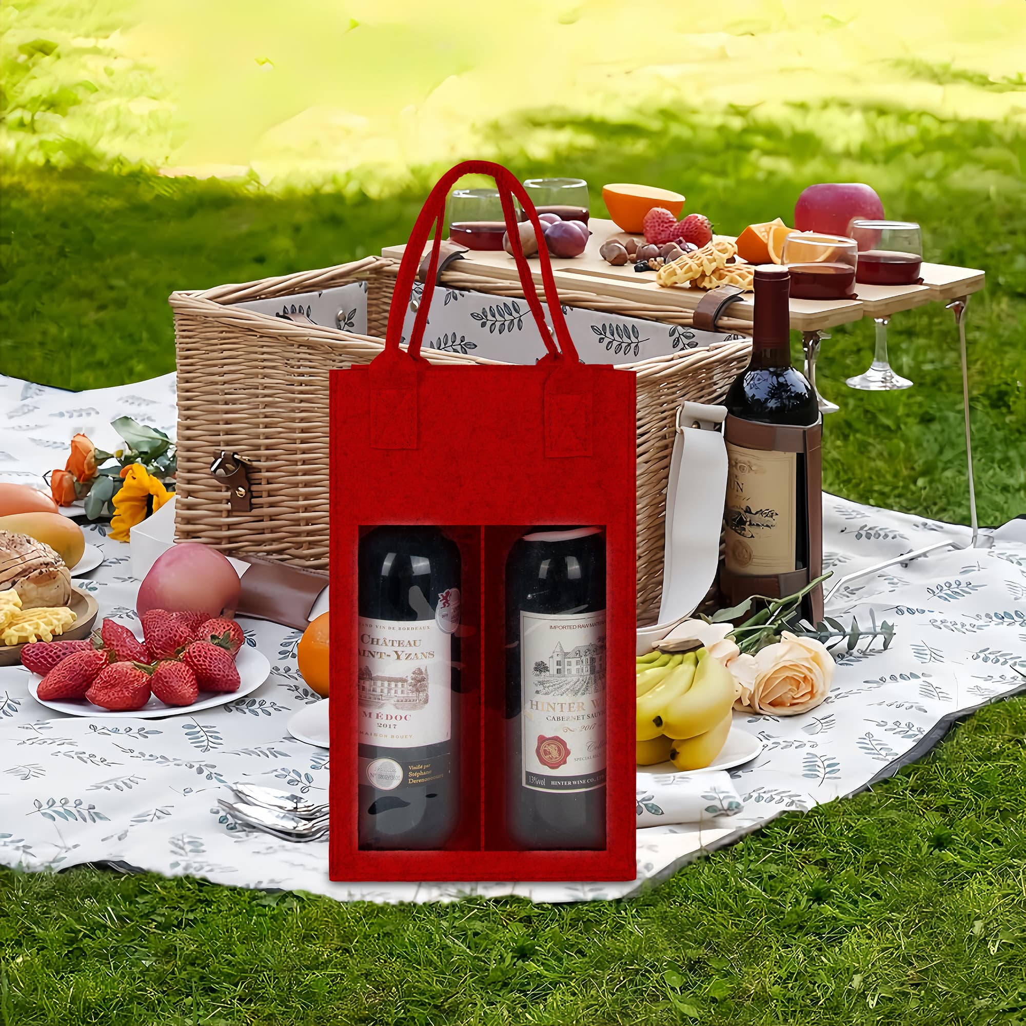 Kingshion Felt 2 Wine Bottle Carrier Bag with Handle, 2 Compartments Wine Bottle Storage Holder, Reusable Travel Wine Carry Bag (Red) - 4