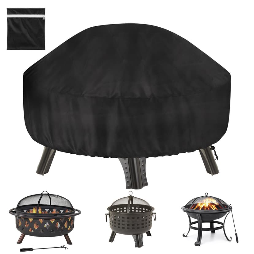 Kingshion 22-32 Inch Fire Pit Cover with Storage Bag, Dustproof Outdoor Fire Pit Table Cover,  Heavy Duty Polyester Firepit Cover Round with Windproof Drawstring & Waterproof Layer, Black