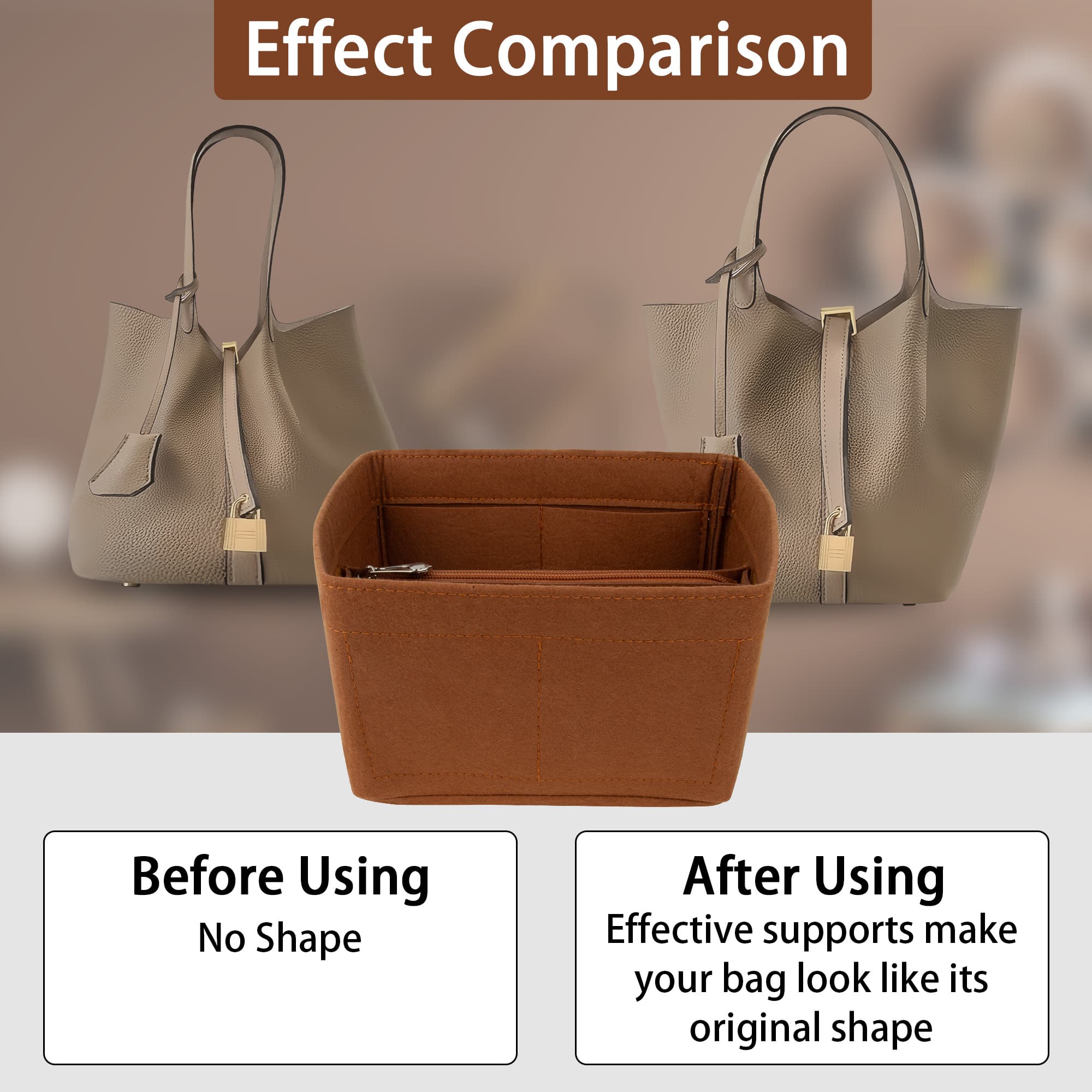 Kingshion Purse Organizer Insert, Felt Handbags Dividers with Zippers, Tote Bag Organizer Fit Picotin 22 Bag, Brown - 4
