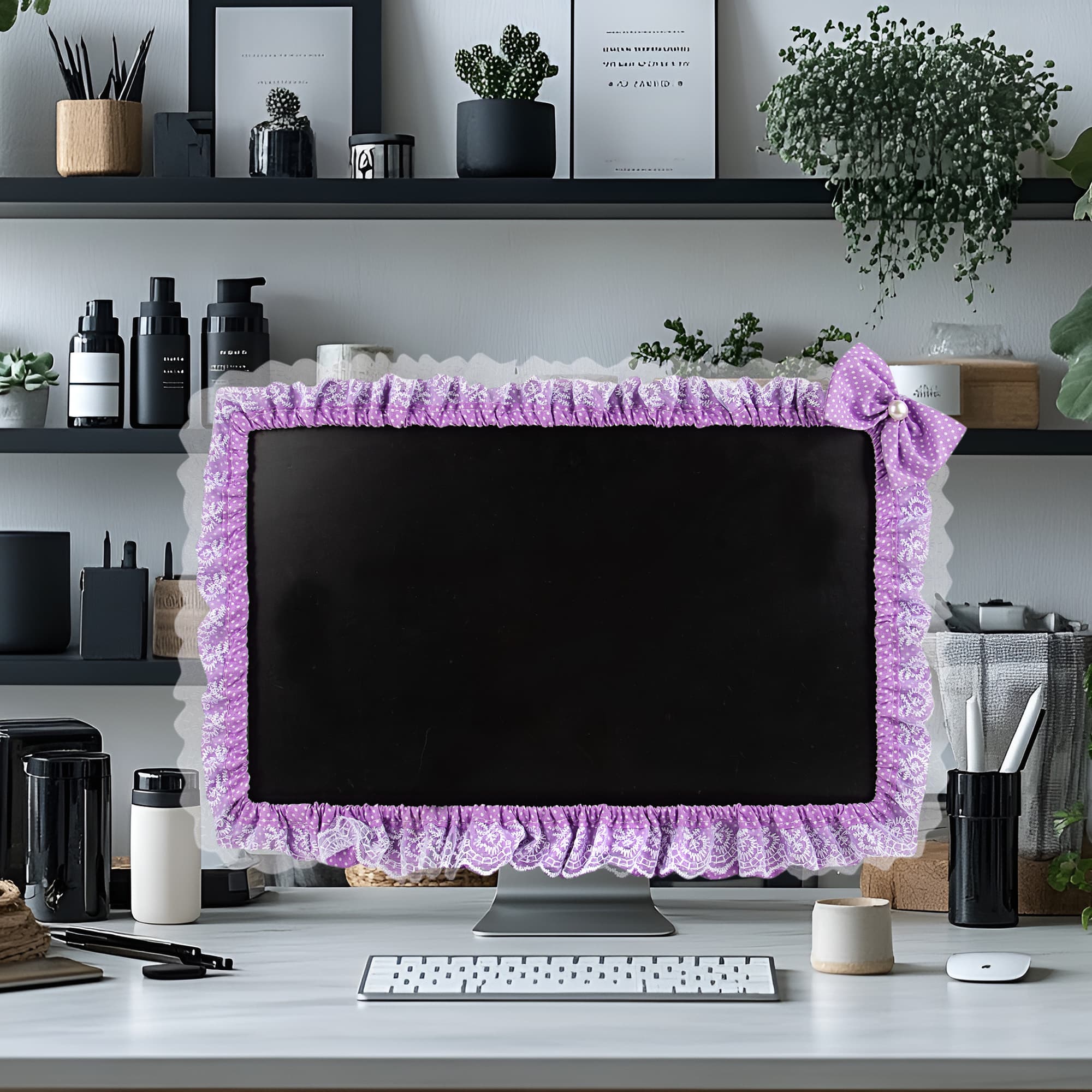 Kingshion 23"-27" Lovely Cute Computer Monitor Cover with Lovely Cute Elastic Pen Pocket Bow-knot TV LCD Screen Monitor Decoration Dust Cover Protector, Lace Fabric, Purple - 5